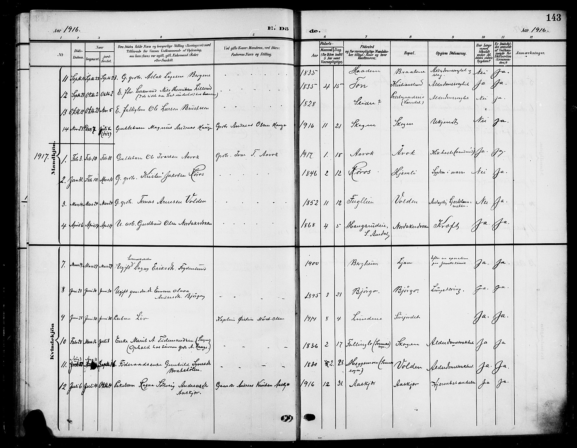 Nord-Aurdal prestekontor, SAH/PREST-132/H/Ha/Hab/L0012: Parish register (copy) no. 12, 1907-1920, p. 143