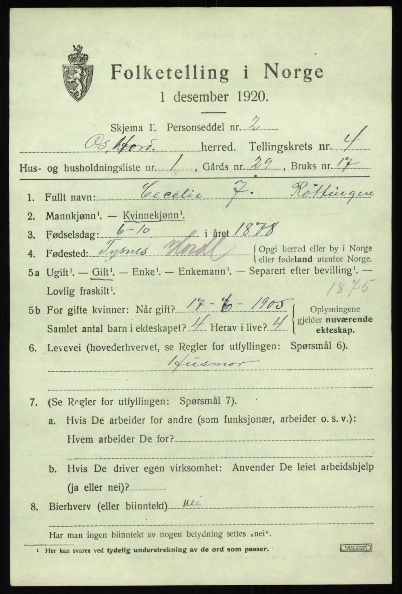 SAB, 1920 census for Os, 1920, p. 2952