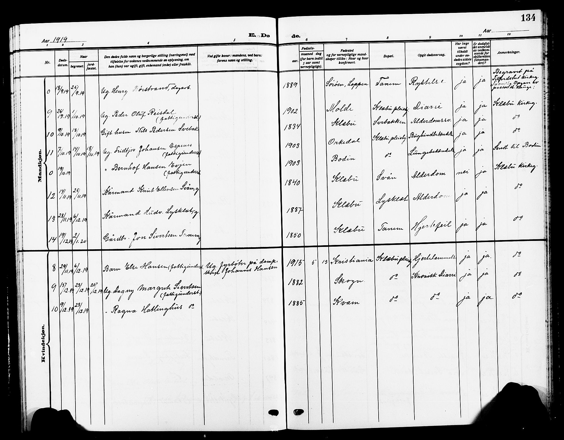 Ministerialprotokoller, klokkerbøker og fødselsregistre - Sør-Trøndelag, AV/SAT-A-1456/618/L0453: Parish register (copy) no. 618C04, 1907-1925, p. 134