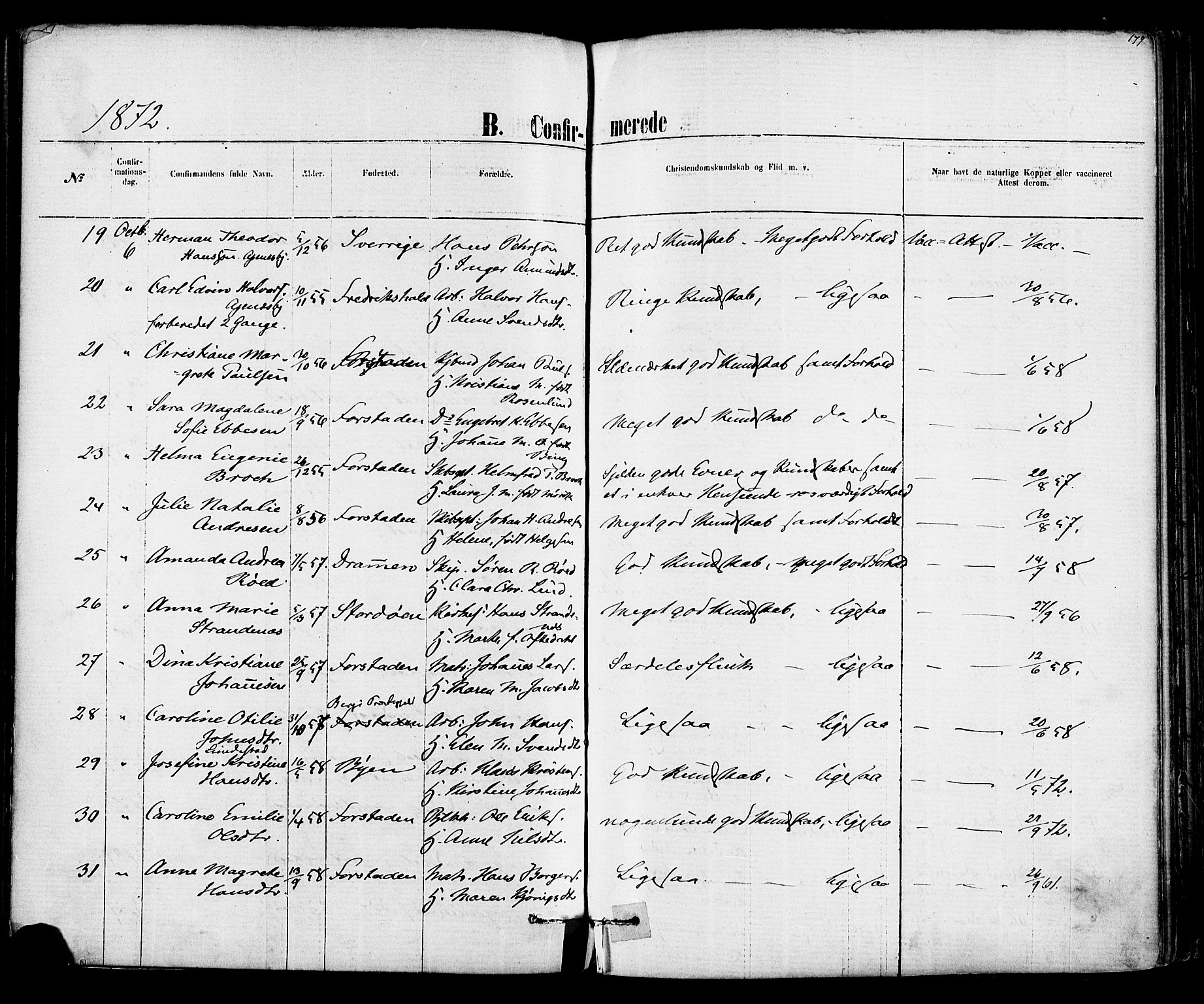 Fredrikstad domkirkes prestekontor Kirkebøker, SAO/A-10906/F/Fa/L0001: Parish register (official) no. 1, 1871-1878, p. 179