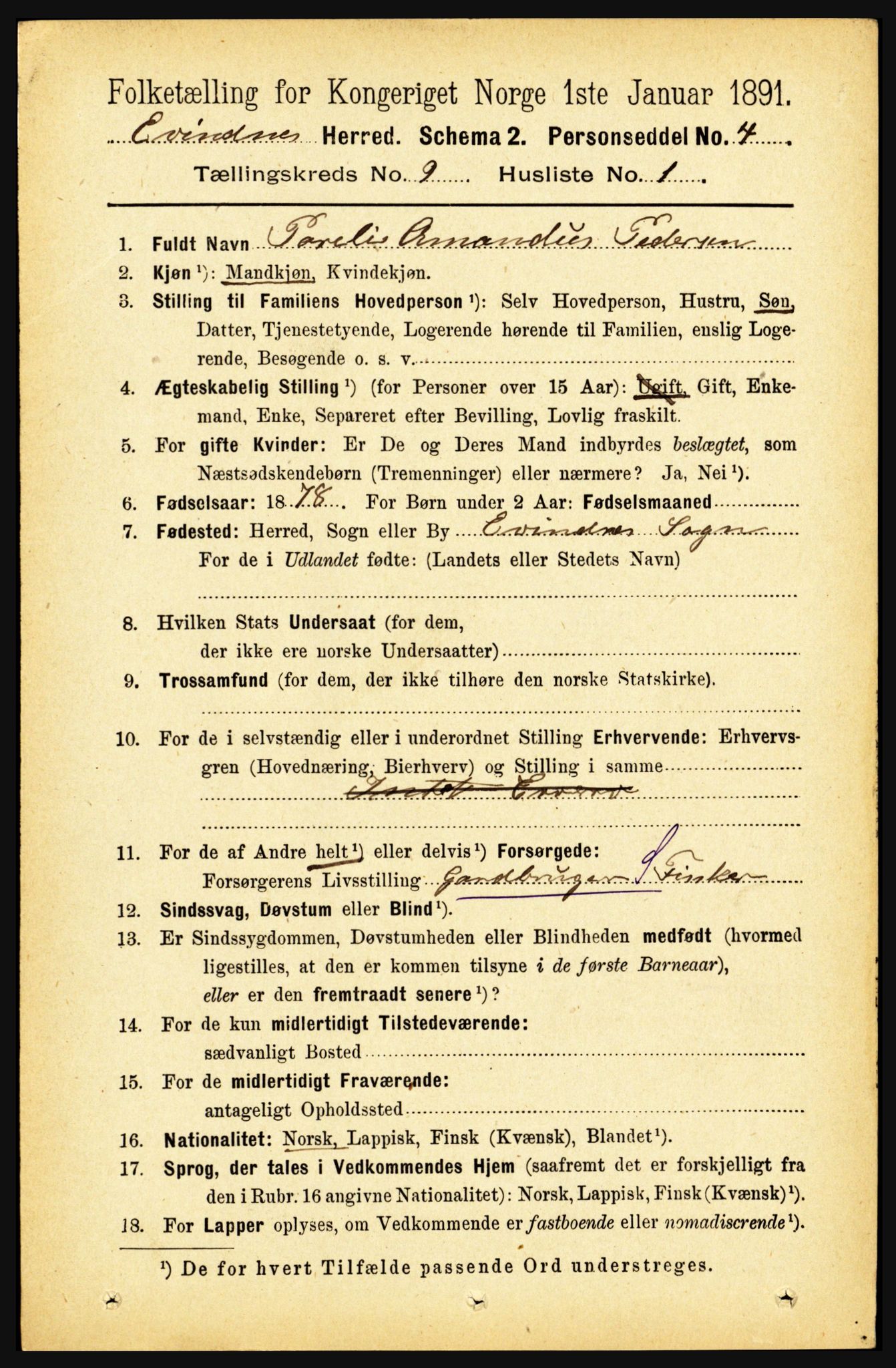 RA, 1891 census for 1853 Evenes, 1891, p. 2806