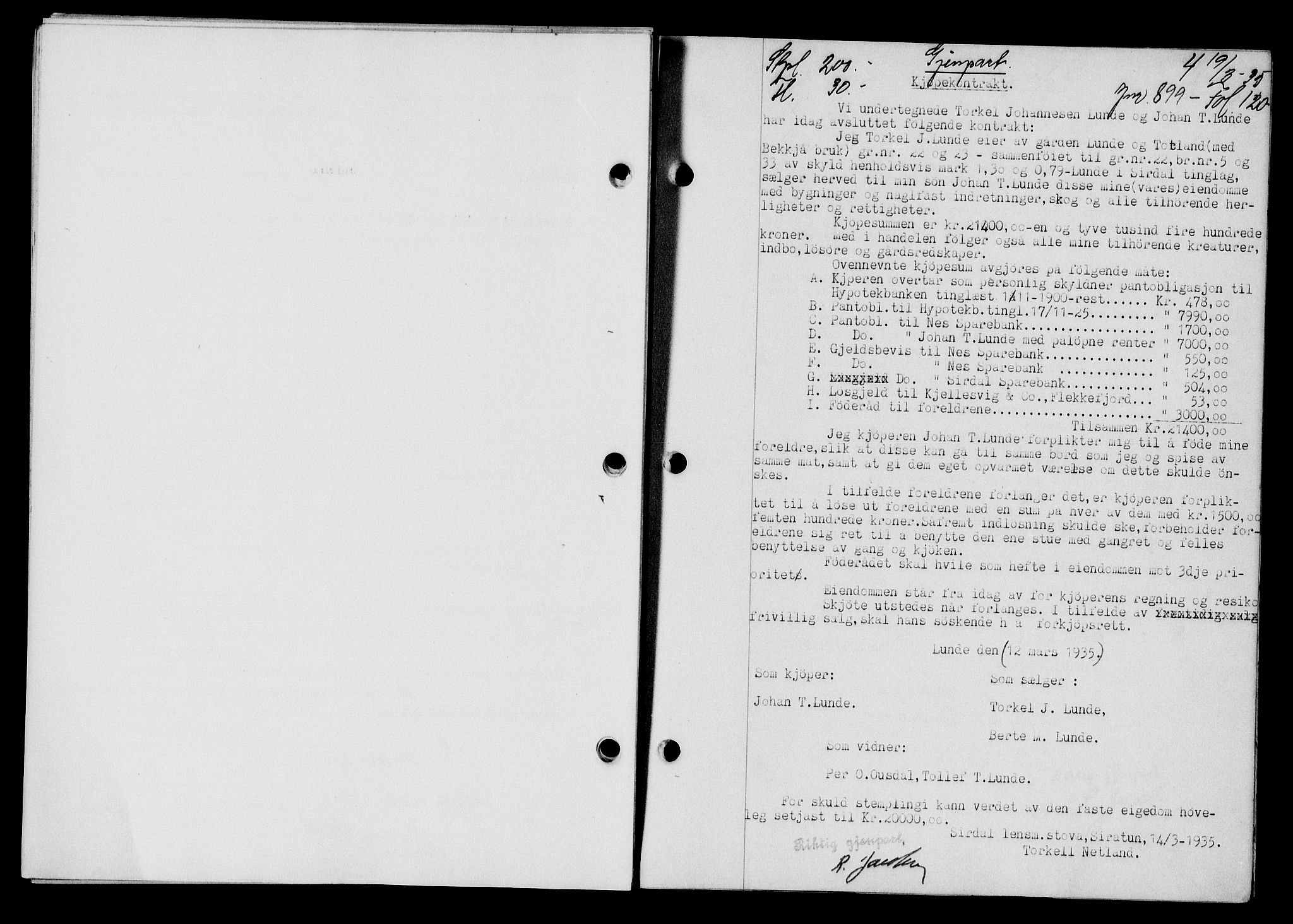Flekkefjord sorenskriveri, SAK/1221-0001/G/Gb/Gba/L0051: Mortgage book no. 47, 1934-1935, Deed date: 19.03.1935