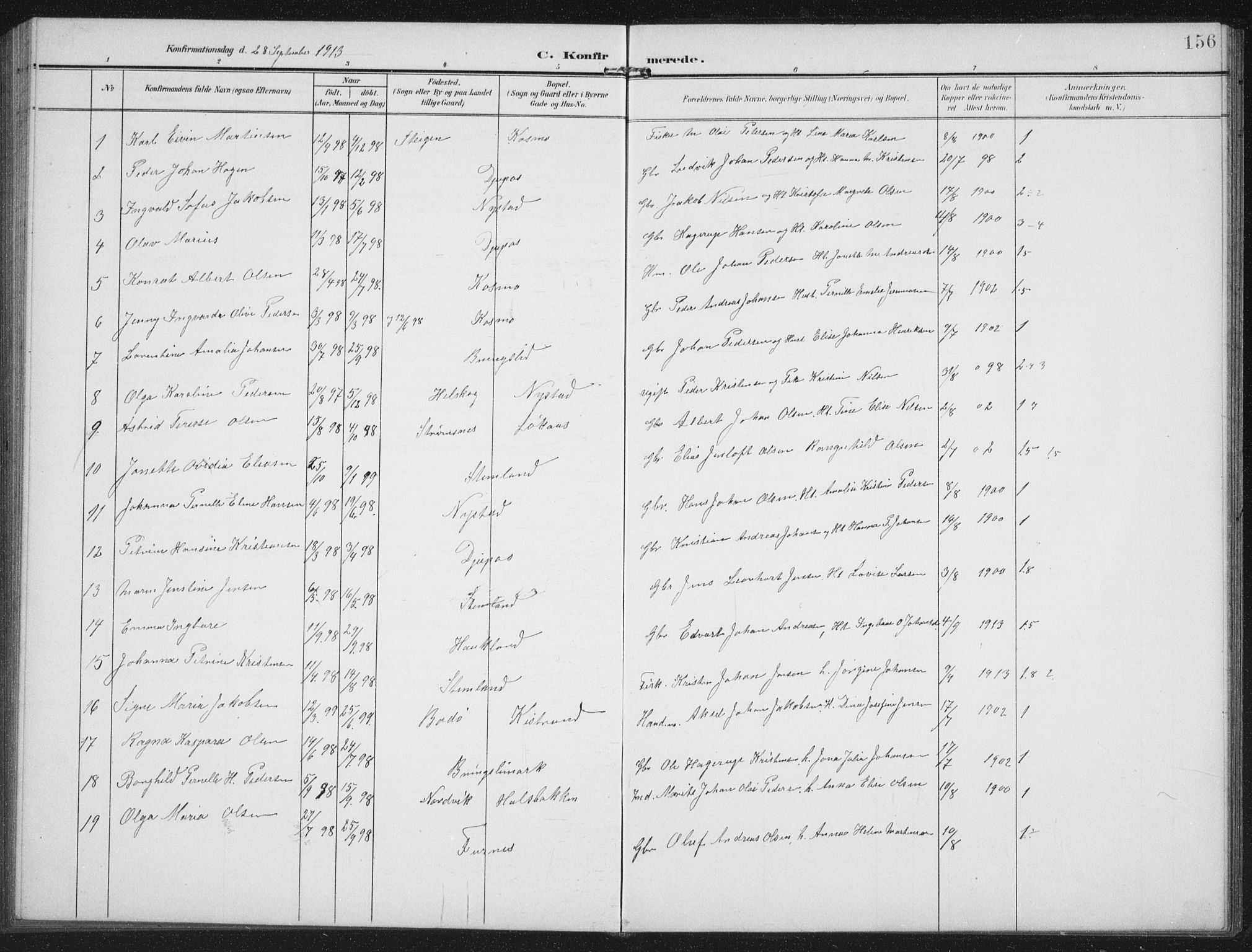 Ministerialprotokoller, klokkerbøker og fødselsregistre - Nordland, AV/SAT-A-1459/851/L0726: Parish register (copy) no. 851C01, 1902-1924, p. 156