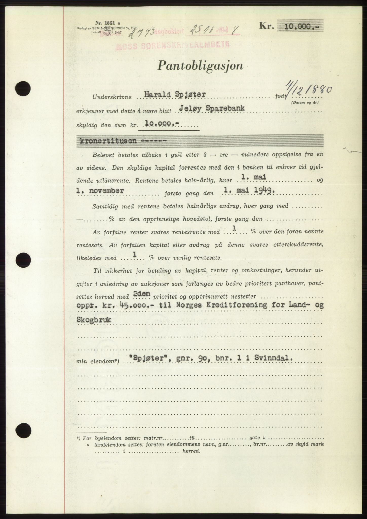 Moss sorenskriveri, AV/SAO-A-10168: Mortgage book no. B20, 1948-1948, Diary no: : 2743/1948