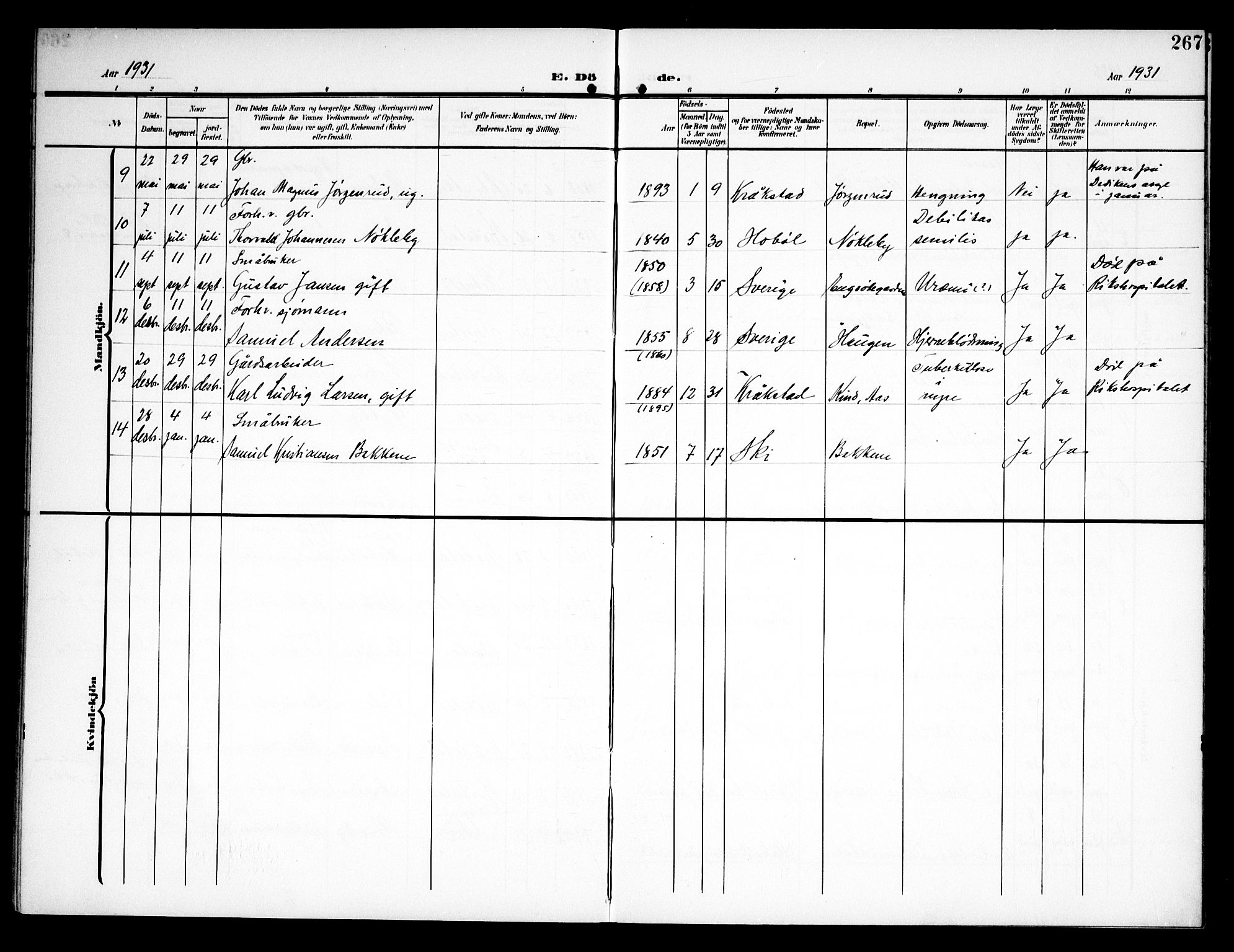 Kråkstad prestekontor Kirkebøker, AV/SAO-A-10125a/G/Ga/L0002: Parish register (copy) no. I 2, 1905-1934, p. 267