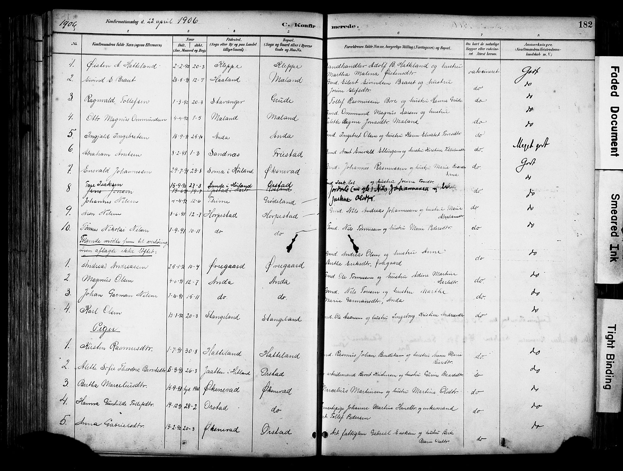 Klepp sokneprestkontor, SAST/A-101803/001/3/30BA/L0009: Parish register (official) no. A 7, 1886-1915, p. 182