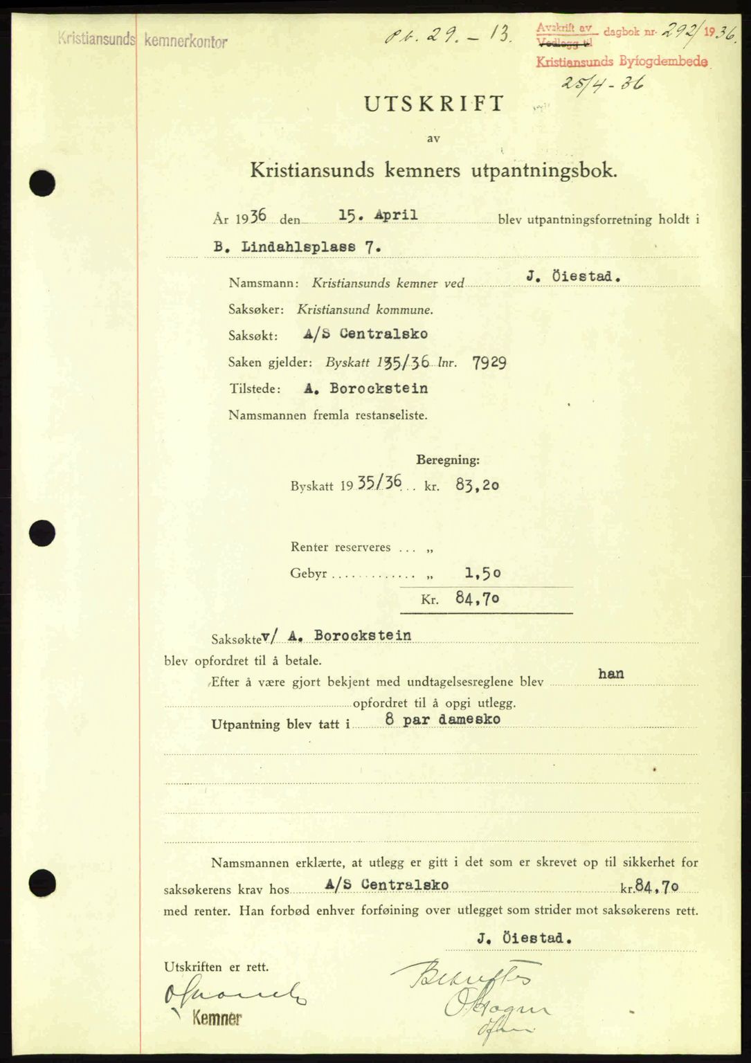 Kristiansund byfogd, AV/SAT-A-4587/A/27: Mortgage book no. 29, 1936-1937, Diary no: : 292/1936