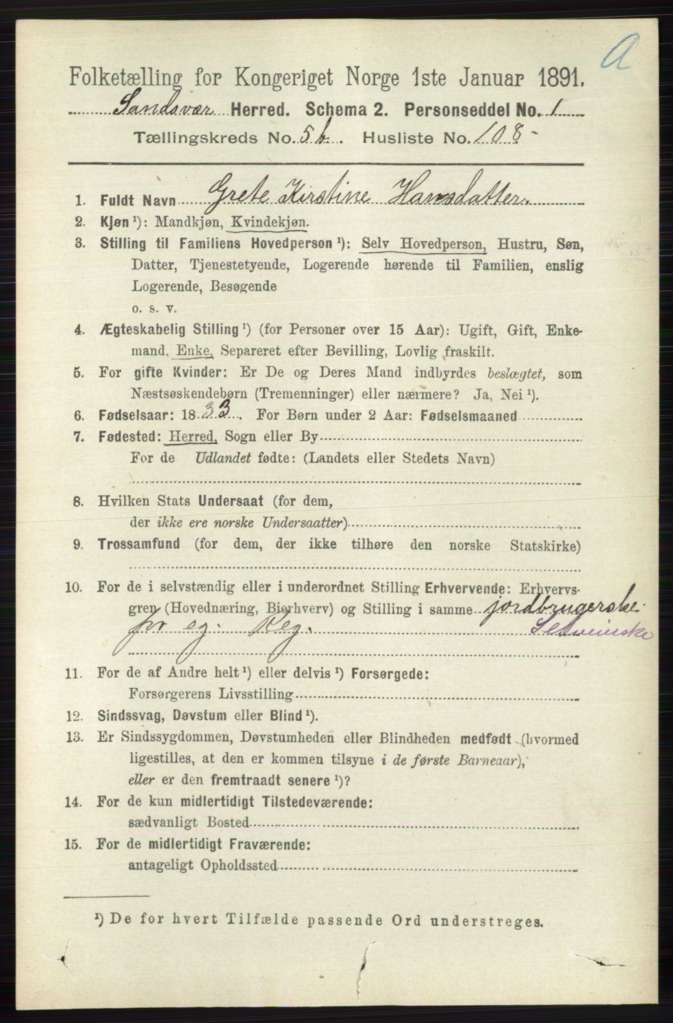 RA, 1891 census for 0629 Sandsvær, 1891, p. 3295