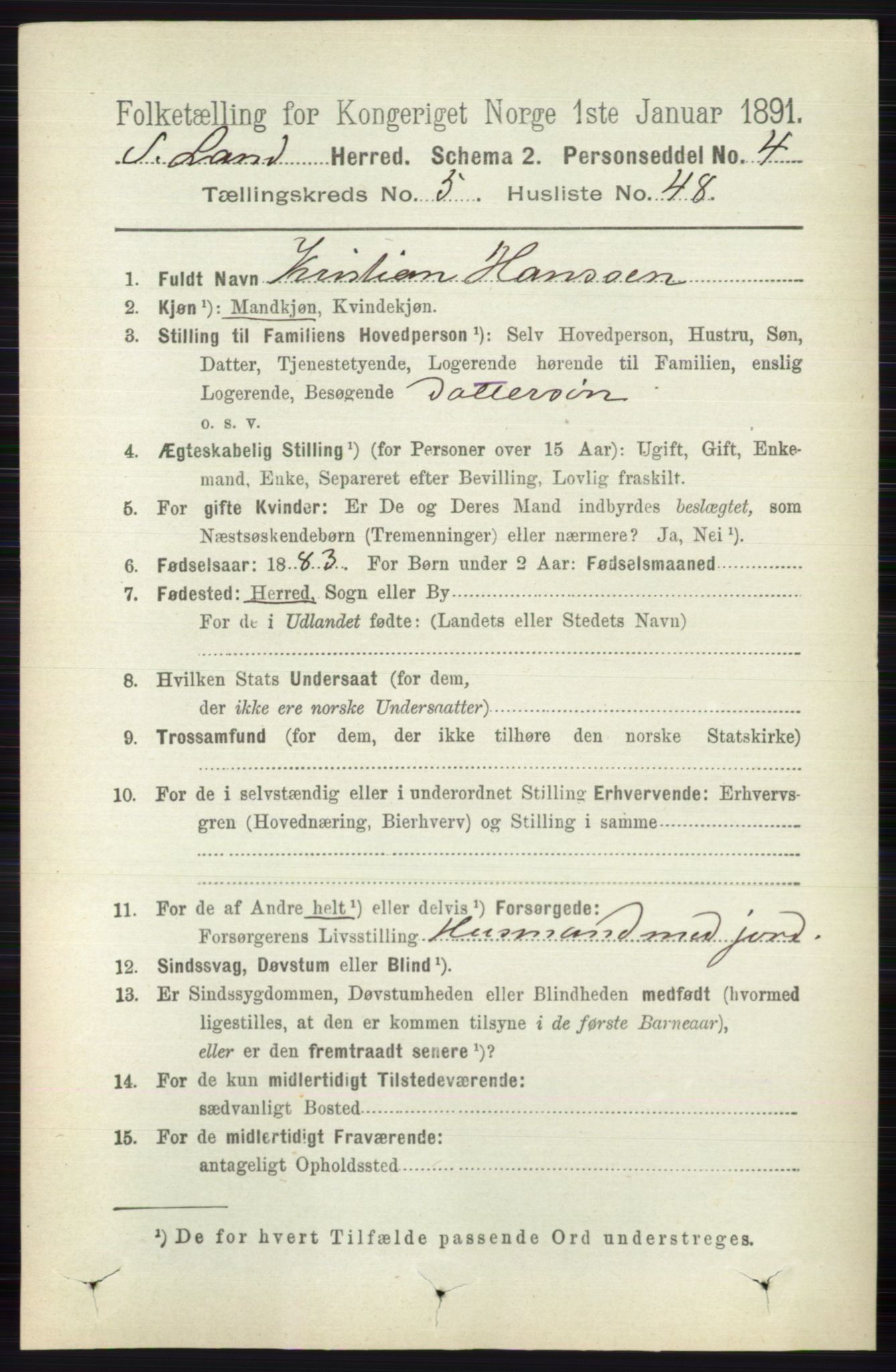 RA, 1891 census for 0536 Søndre Land, 1891, p. 5102