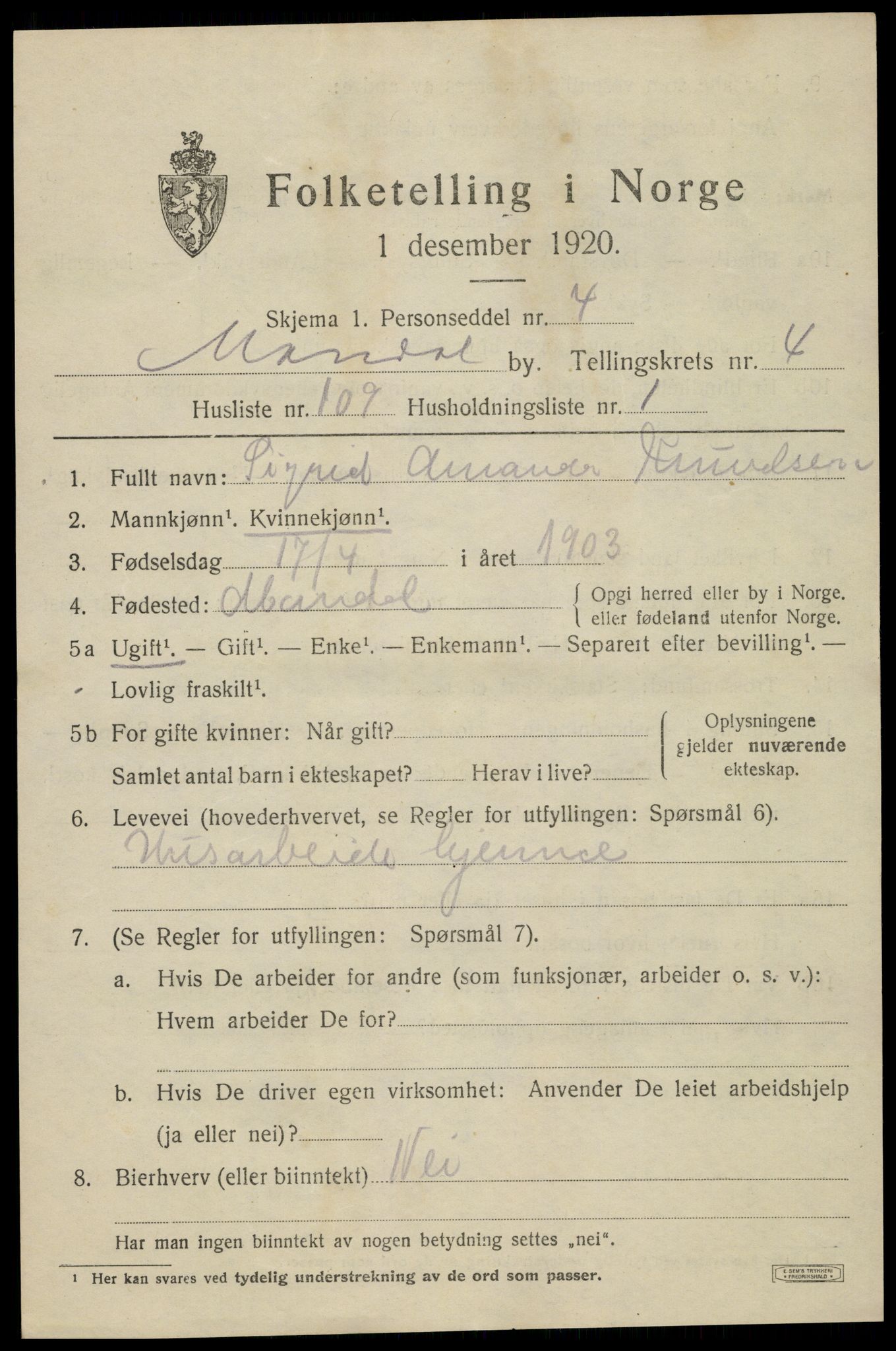 SAK, 1920 census for Mandal, 1920, p. 8197