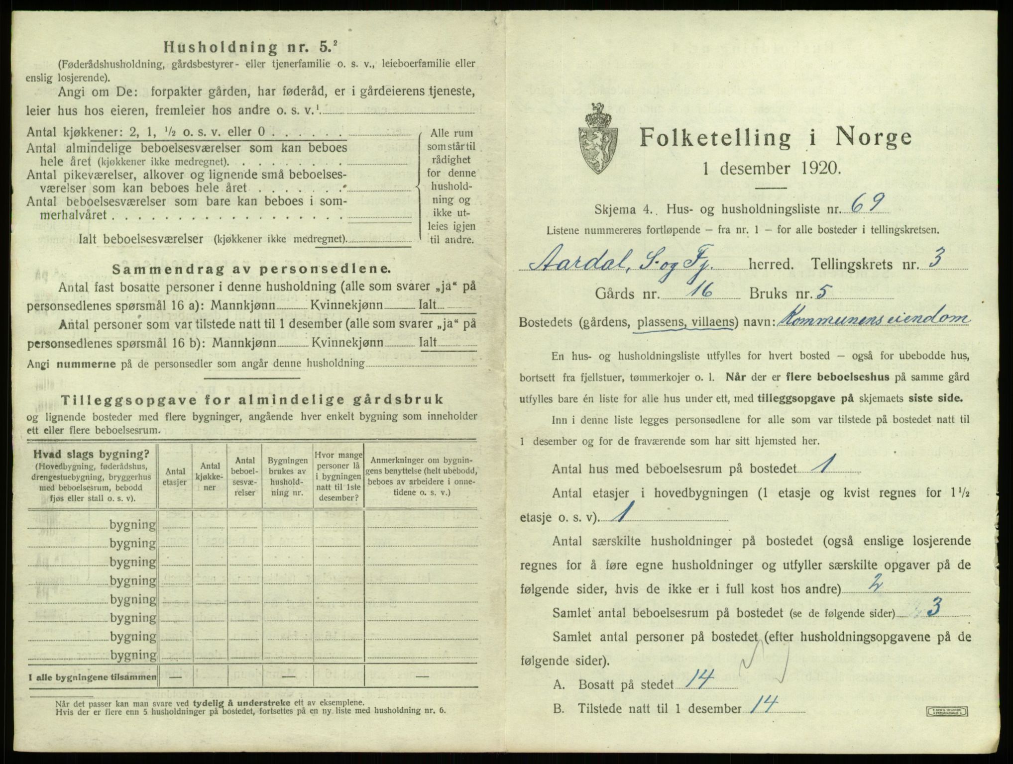 SAB, 1920 census for Årdal, 1920, p. 336