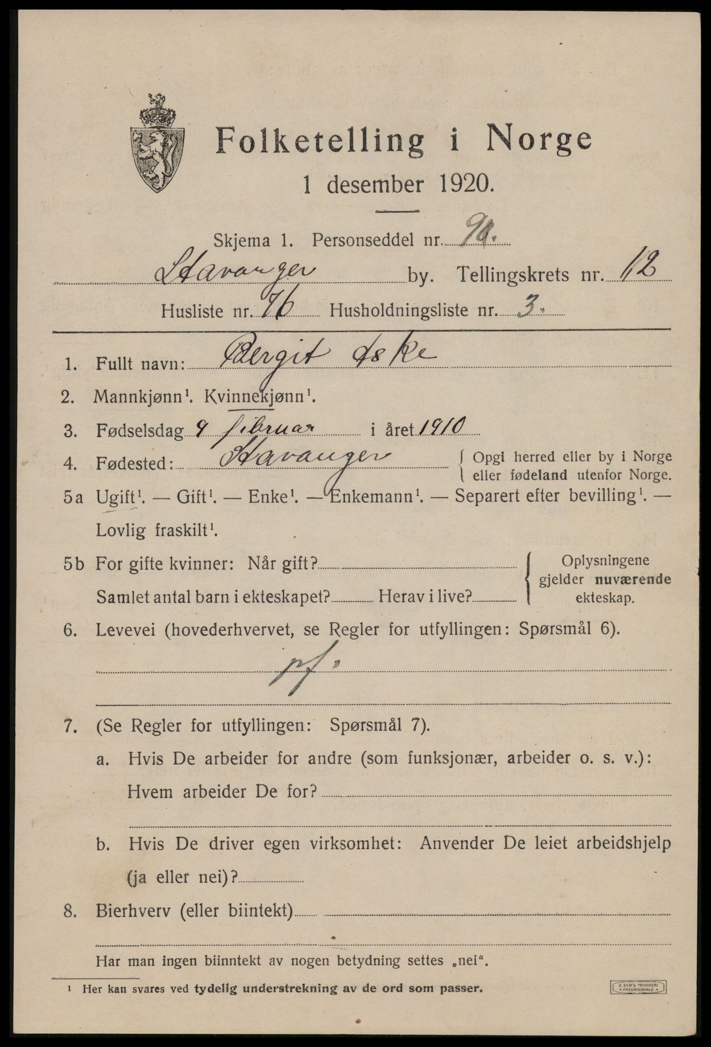 SAST, 1920 census for Stavanger, 1920, p. 57690