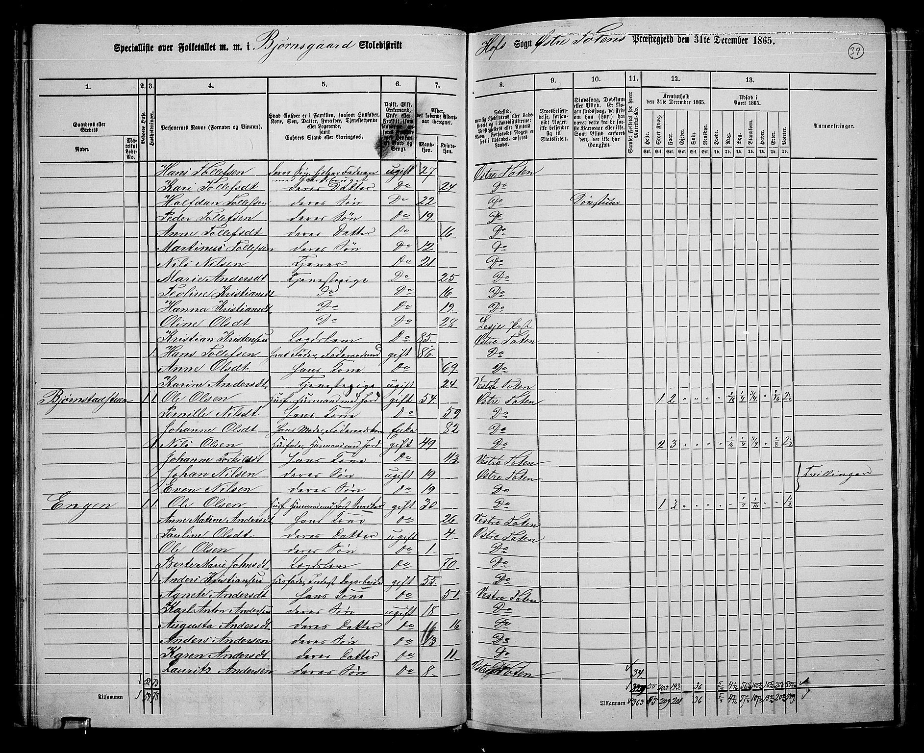 RA, 1865 census for Østre Toten, 1865, p. 168