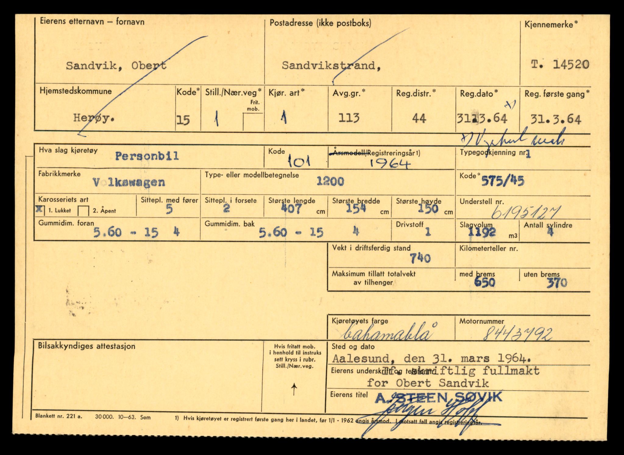 Møre og Romsdal vegkontor - Ålesund trafikkstasjon, AV/SAT-A-4099/F/Fe/L0046: Registreringskort for kjøretøy T 14445 - T 14579, 1927-1998