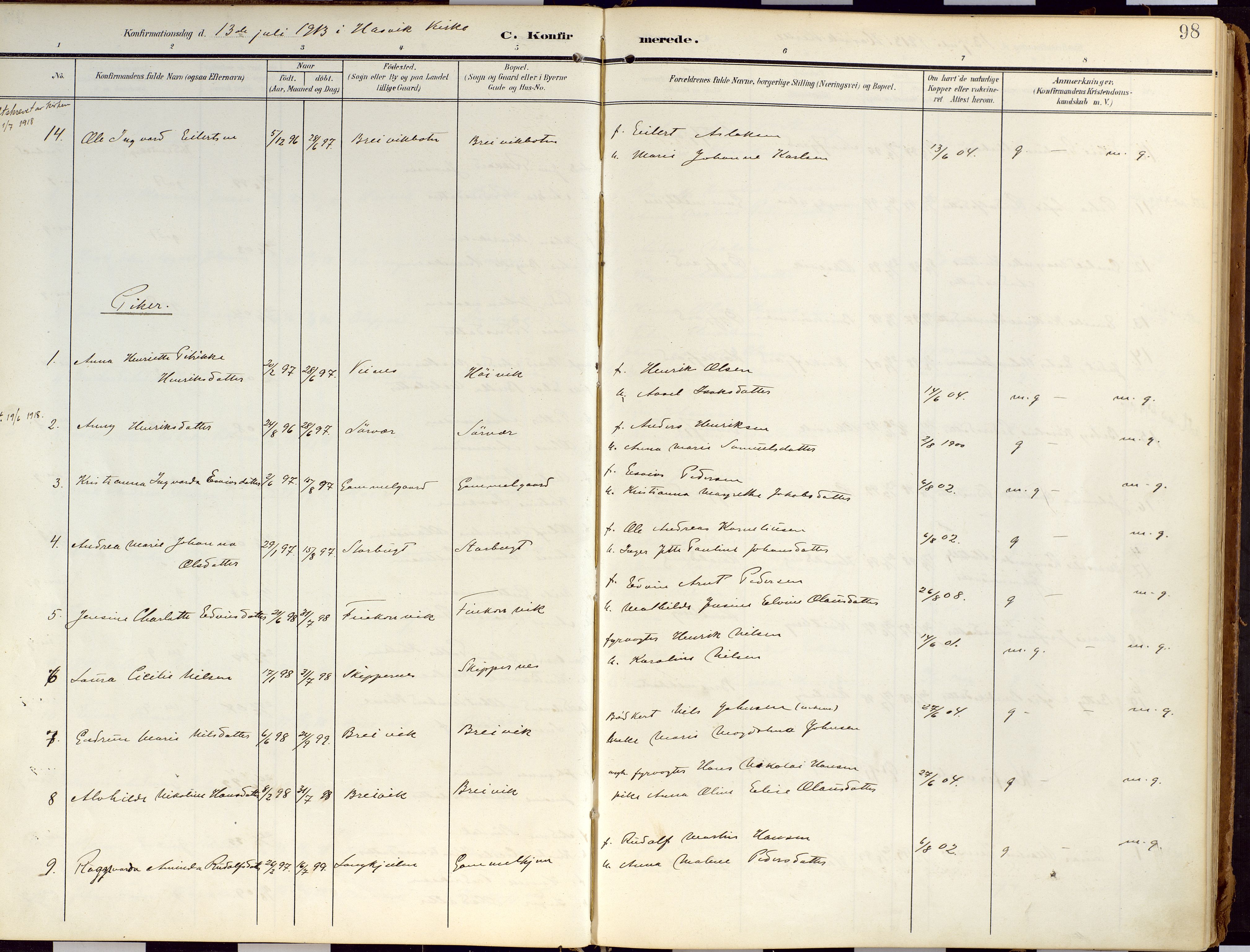 Loppa sokneprestkontor, SATØ/S-1339/H/Ha/L0010kirke: Parish register (official) no. 10, 1907-1922, p. 98