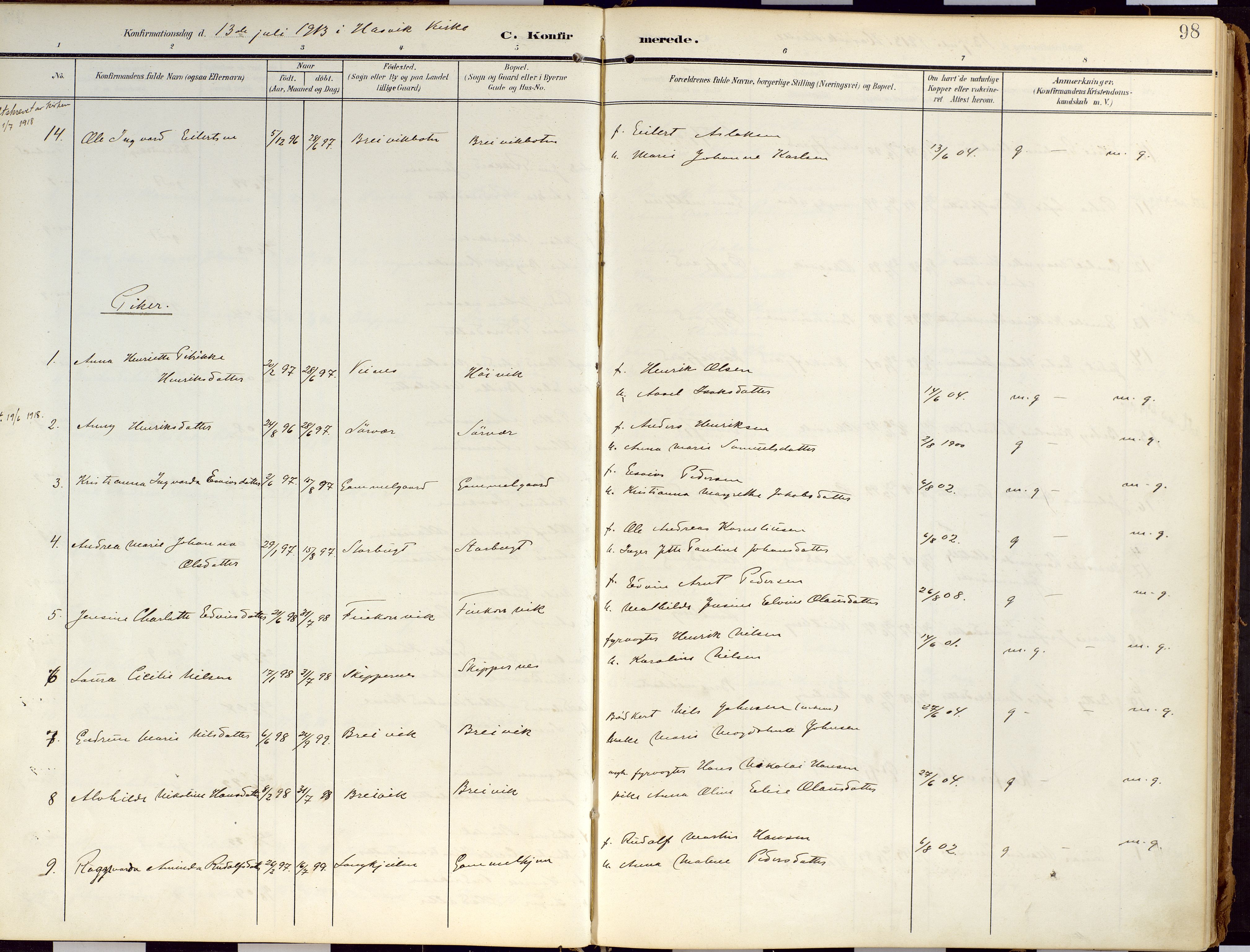 Loppa sokneprestkontor, AV/SATØ-S-1339/H/Ha/L0010kirke: Parish register (official) no. 10, 1907-1922, p. 98