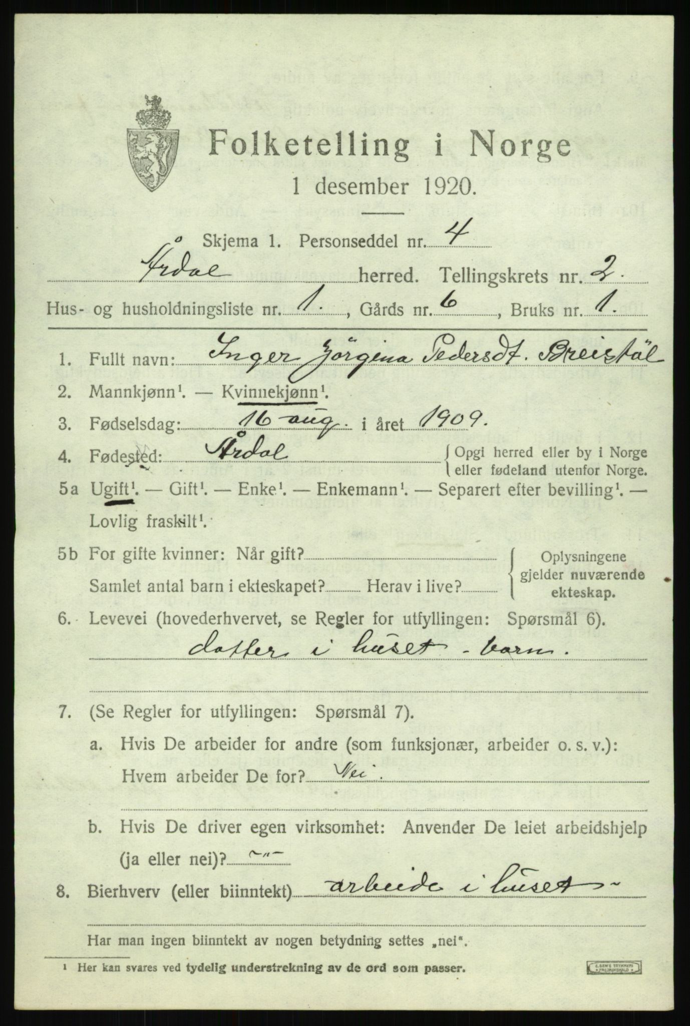 SAB, 1920 census for Årdal, 1920, p. 871