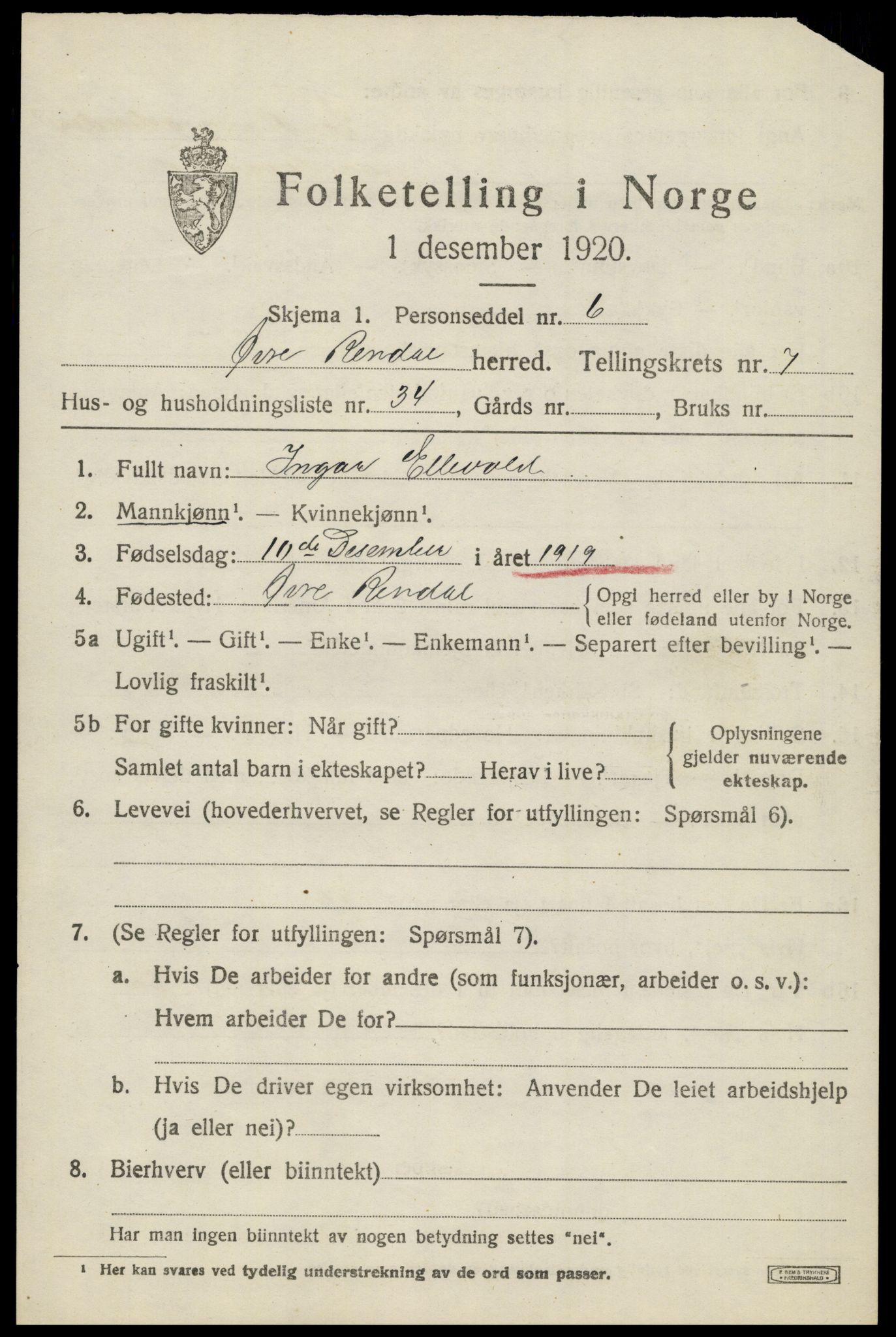 SAH, 1920 census for Øvre Rendal, 1920, p. 2829