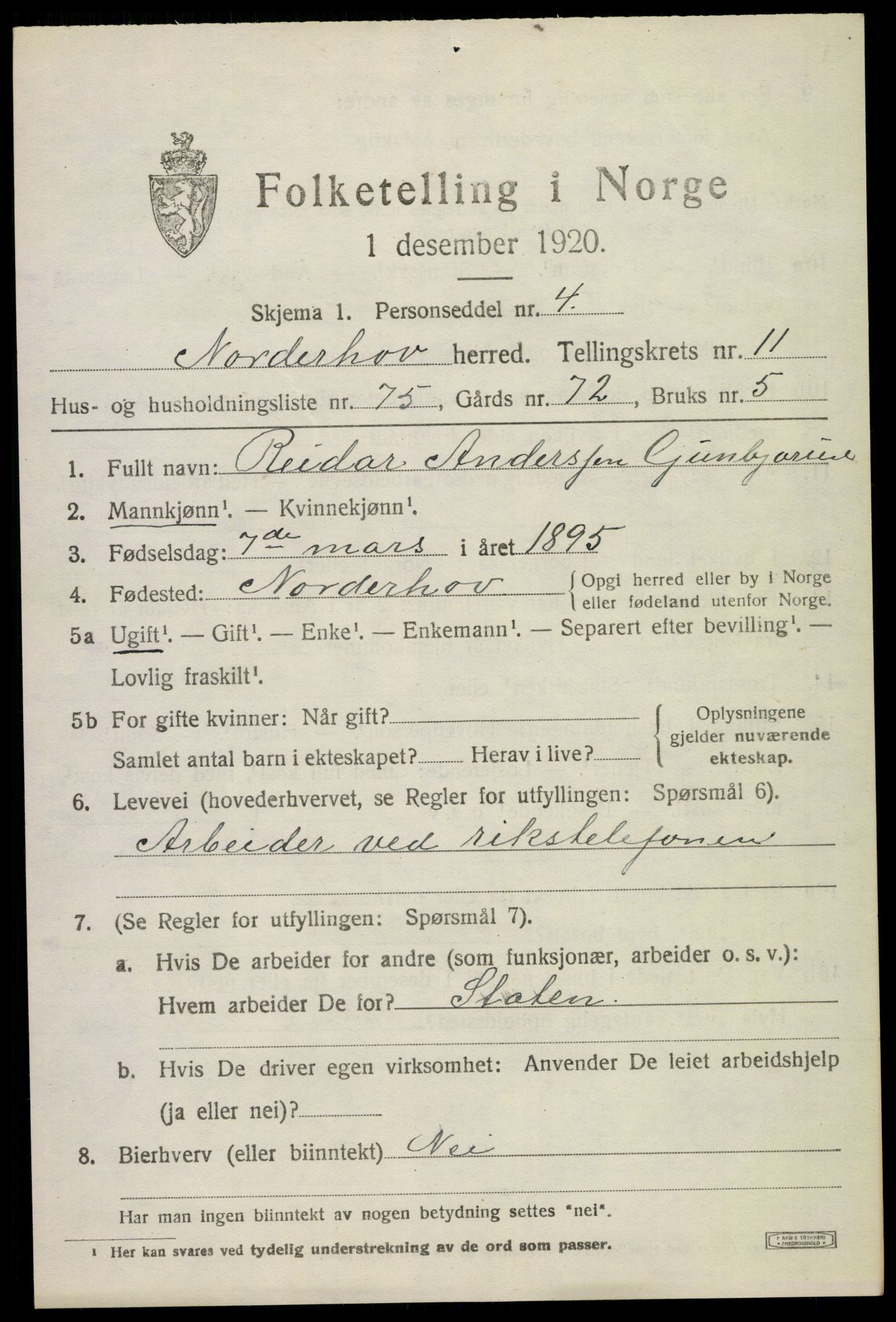 SAKO, 1920 census for Norderhov, 1920, p. 13648