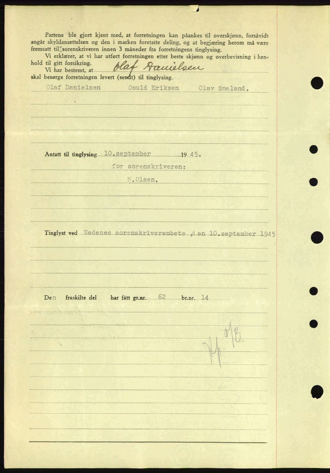 Nedenes sorenskriveri, AV/SAK-1221-0006/G/Gb/Gba/L0052: Mortgage book no. A6a, 1944-1945, Diary no: : 651/1945