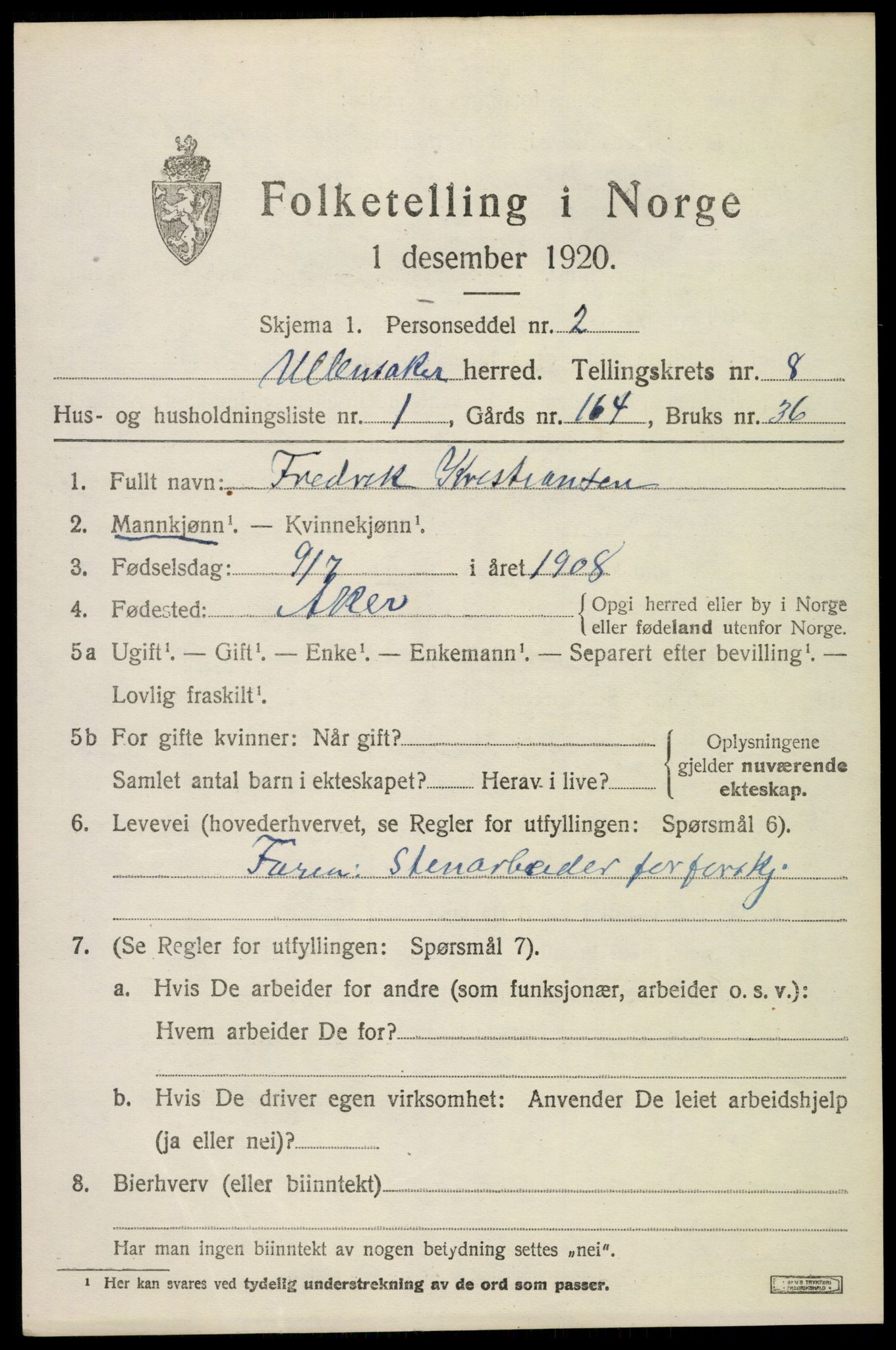 SAO, 1920 census for Ullensaker, 1920, p. 14291