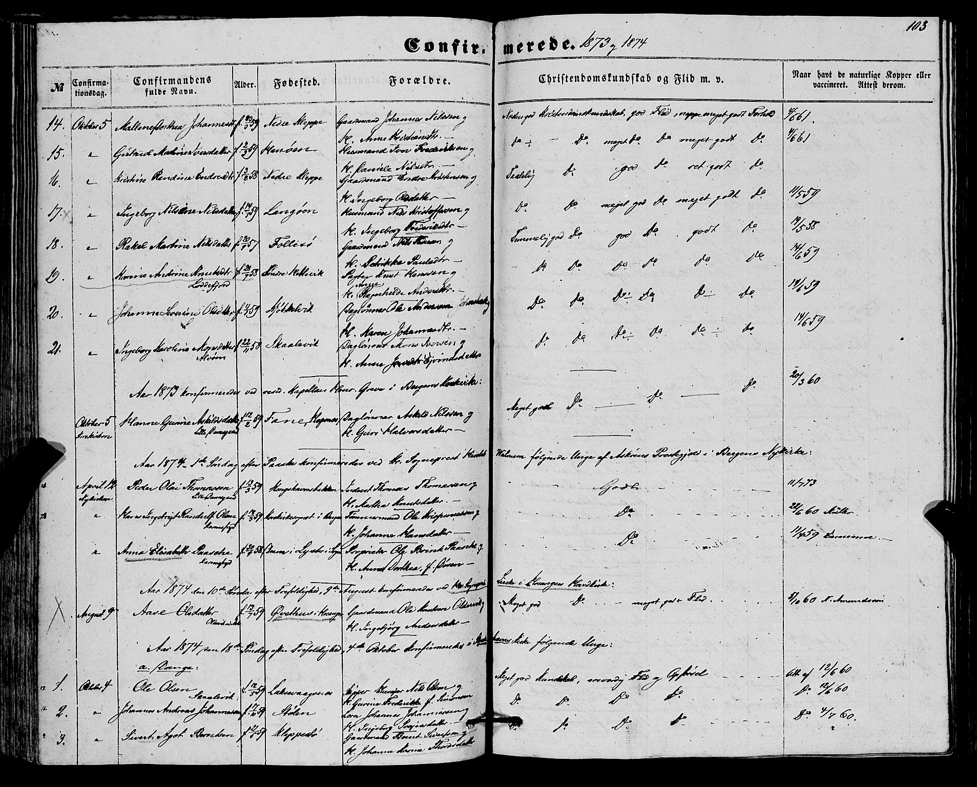 Askøy Sokneprestembete, SAB/A-74101/H/Ha/Haa/Haaa/L0012: Parish register (official) no. A 12, 1855-1877, p. 103