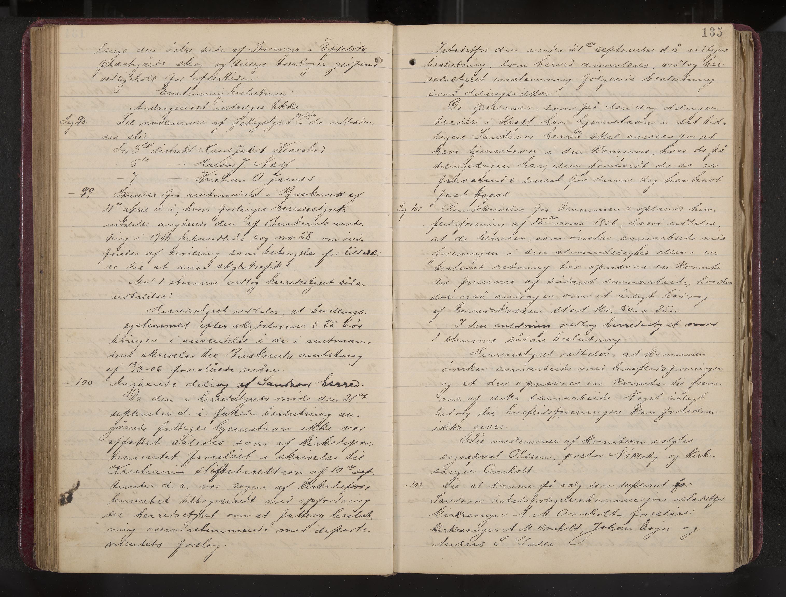 Ytre Sandsvær formannskap og sentraladministrasjon, IKAK/0629021/A/Aa/L0001: Møtebok med register, 1902-1919, p. 135