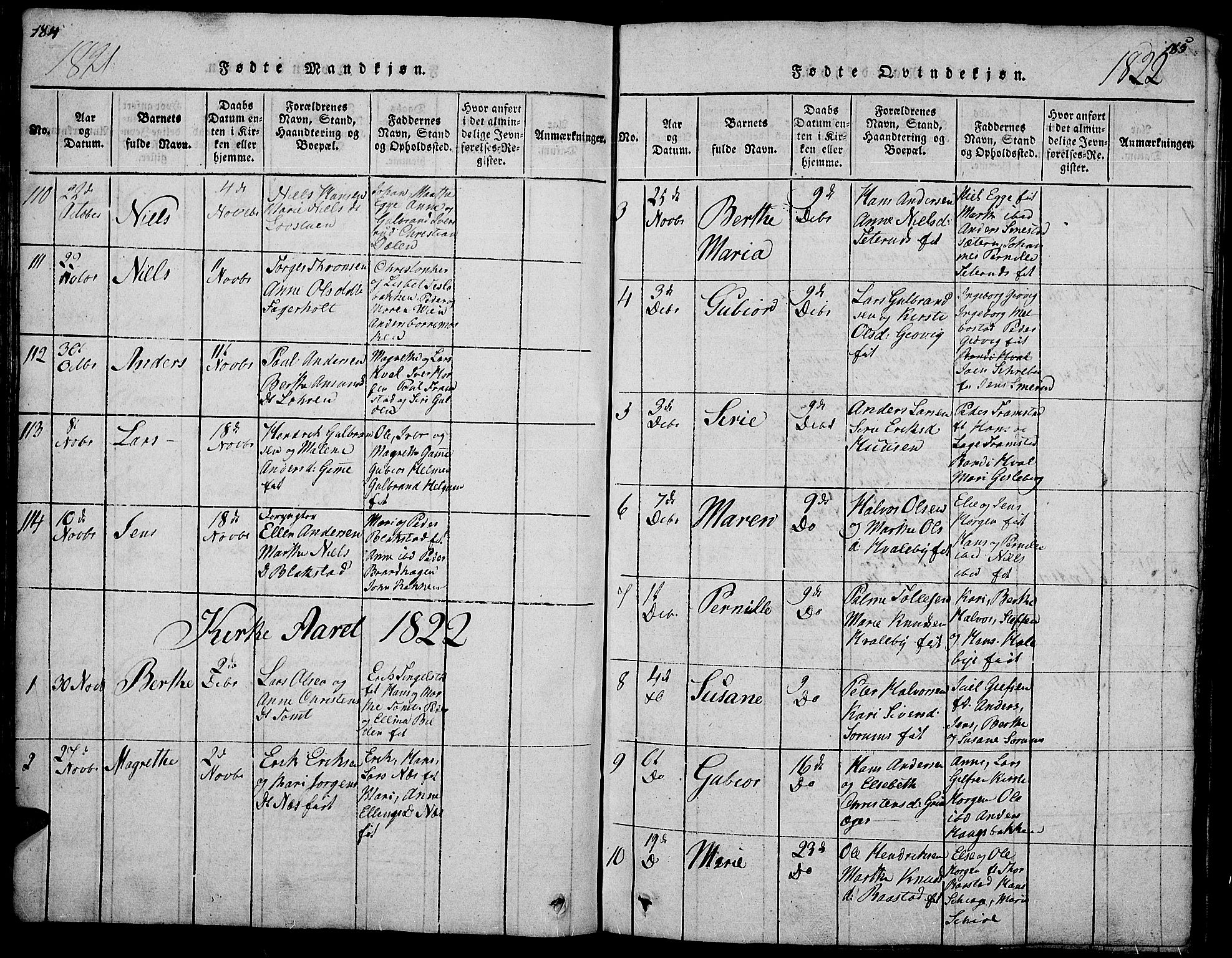 Gran prestekontor, AV/SAH-PREST-112/H/Ha/Hab/L0001: Parish register (copy) no. 1, 1815-1824, p. 184-185