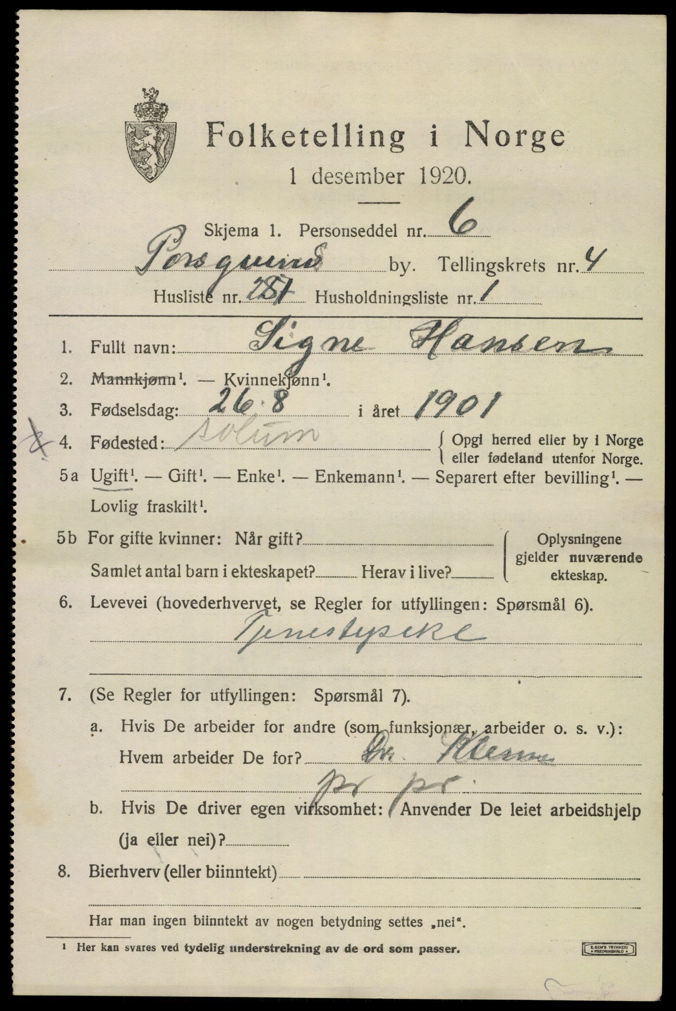 SAKO, 1920 census for Porsgrunn, 1920, p. 22339