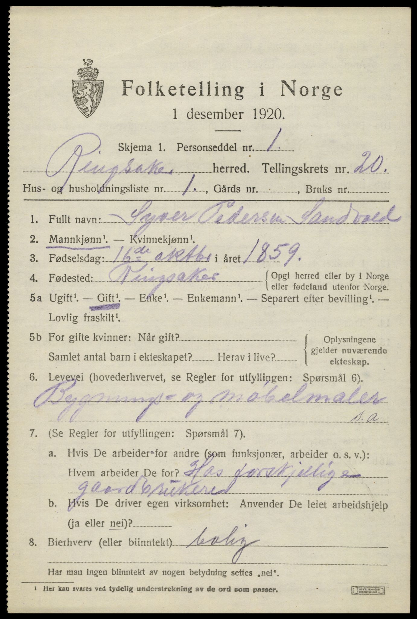 SAH, 1920 census for Ringsaker, 1920, p. 26986
