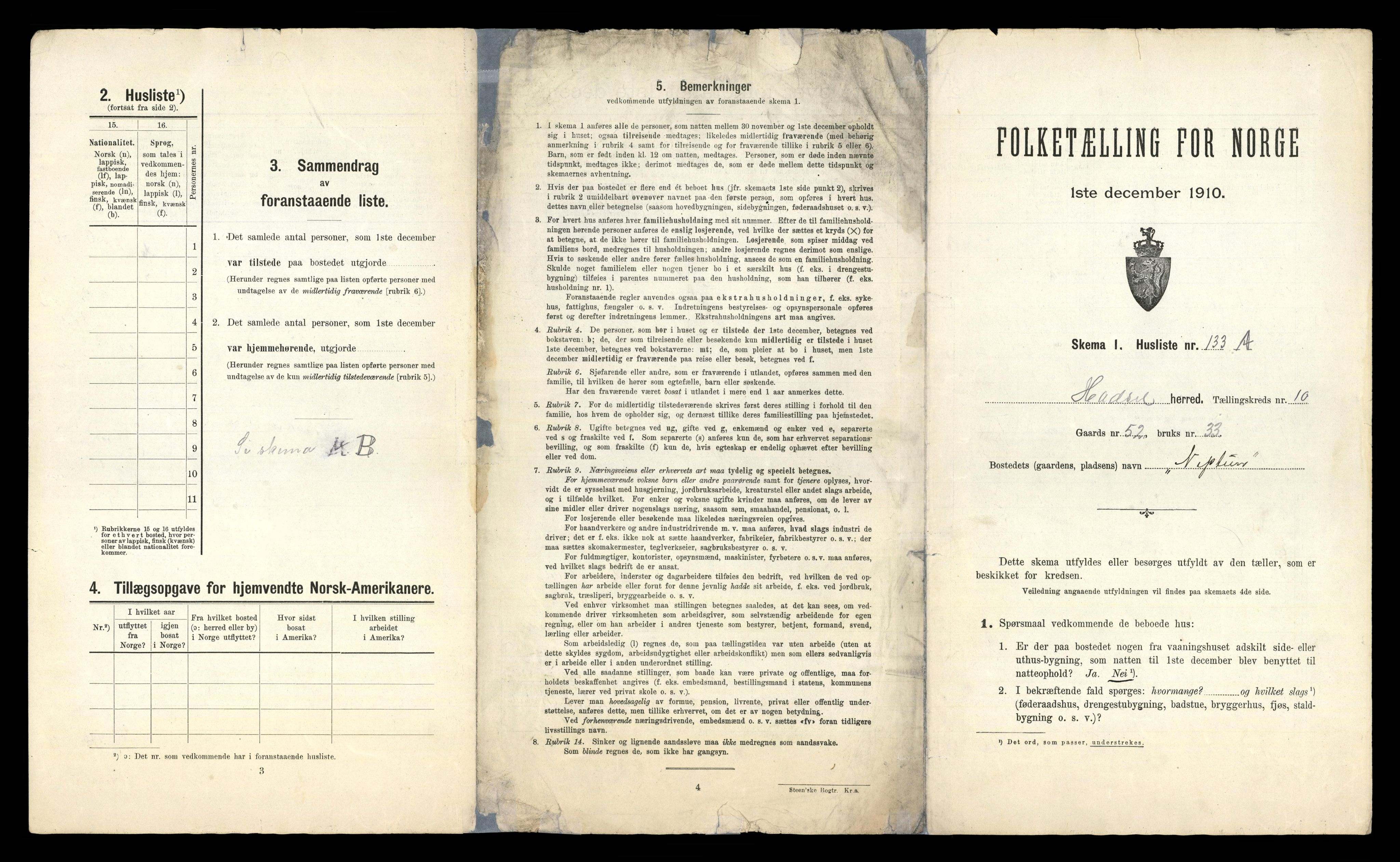 RA, 1910 census for Hadsel, 1910, p. 1333