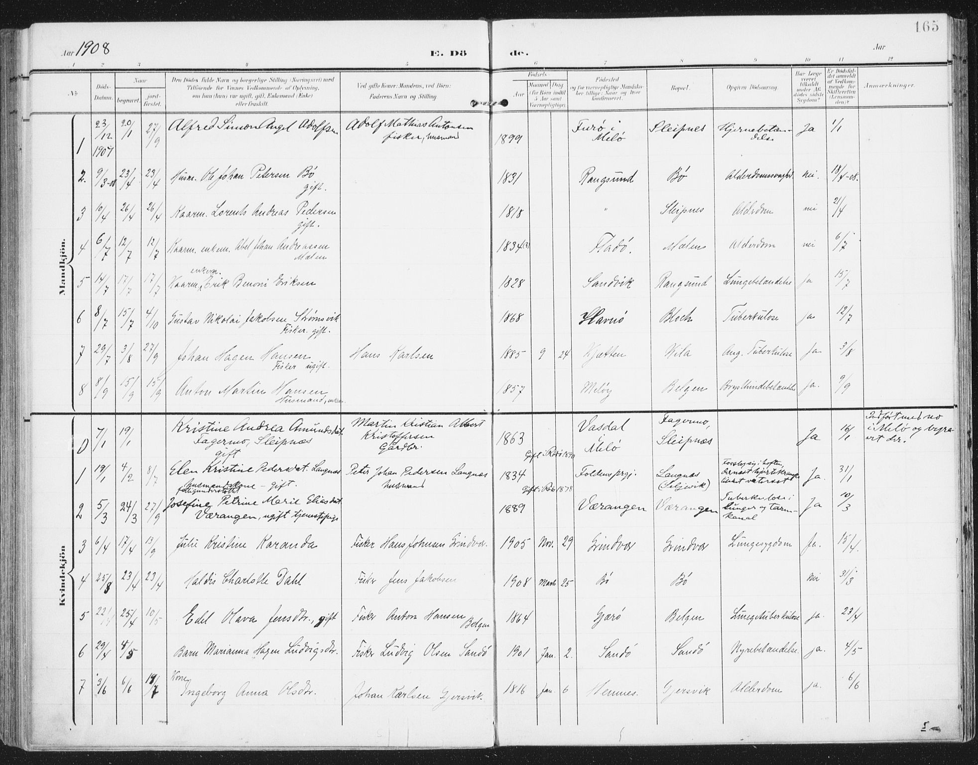 Ministerialprotokoller, klokkerbøker og fødselsregistre - Nordland, AV/SAT-A-1459/841/L0612: Parish register (official) no. 841A15, 1902-1910, p. 165