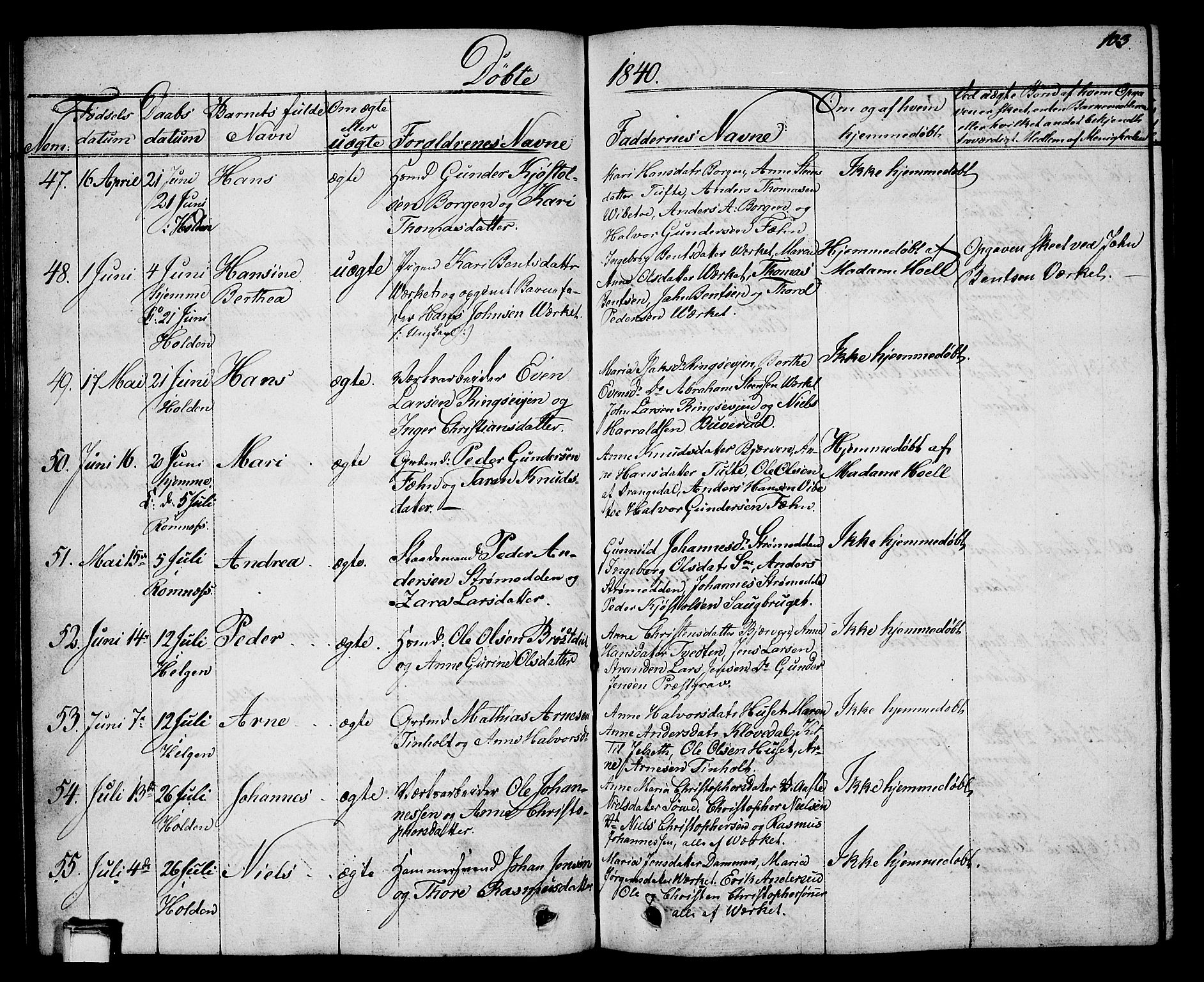 Holla kirkebøker, SAKO/A-272/G/Ga/L0002: Parish register (copy) no. I 2, 1830-1848, p. 103