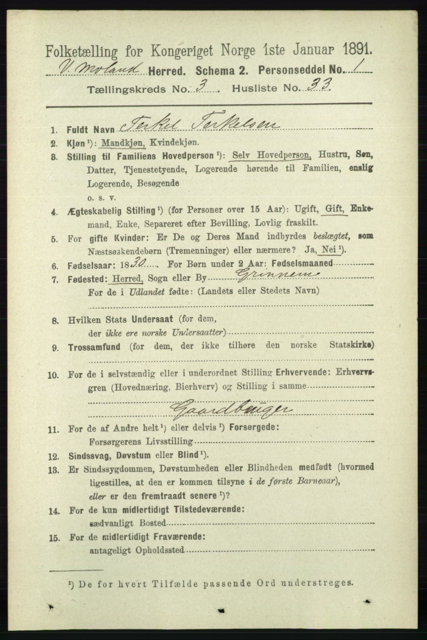 RA, 1891 census for 0926 Vestre Moland, 1891, p. 1133