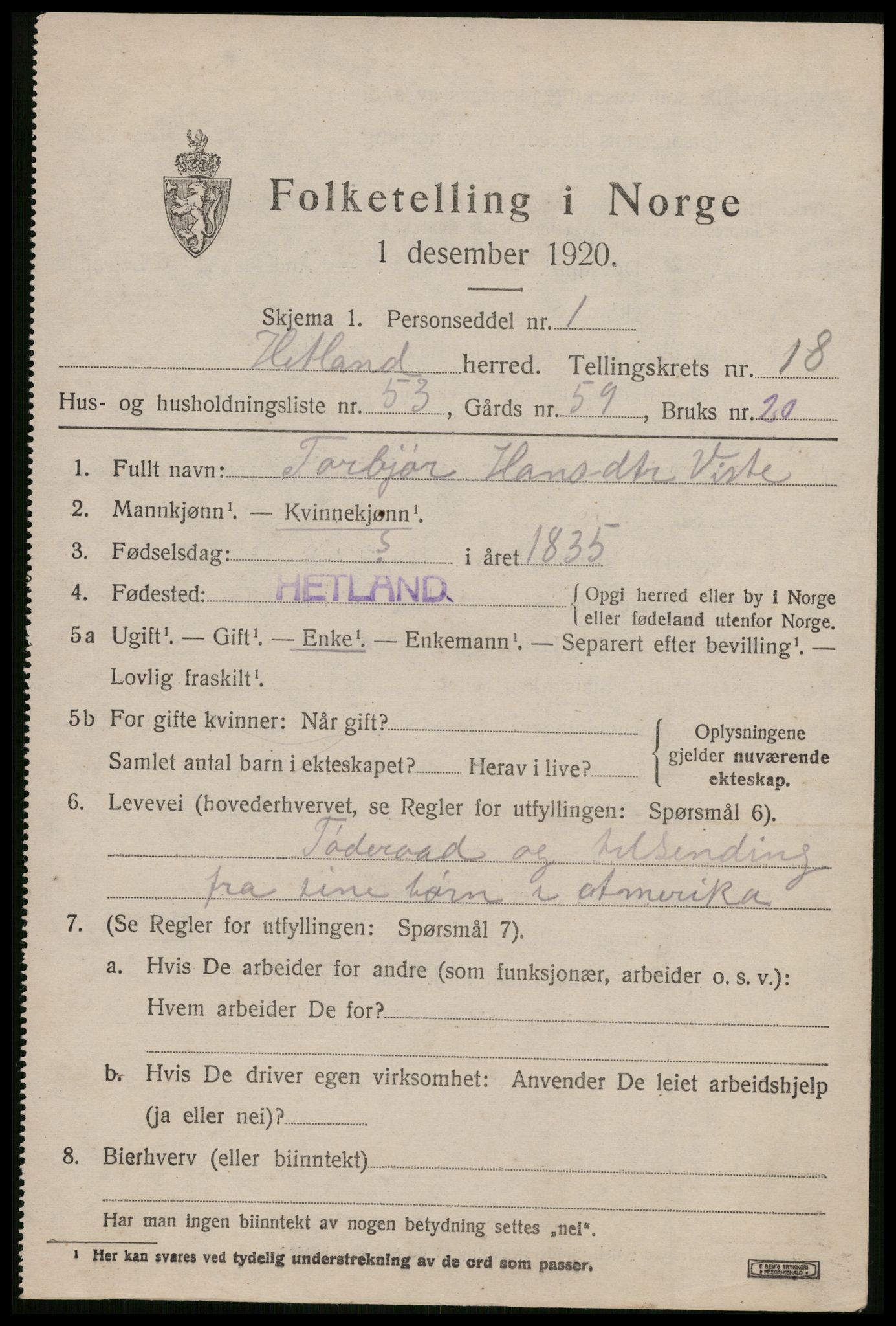 SAST, 1920 census for Hetland, 1920, p. 25691