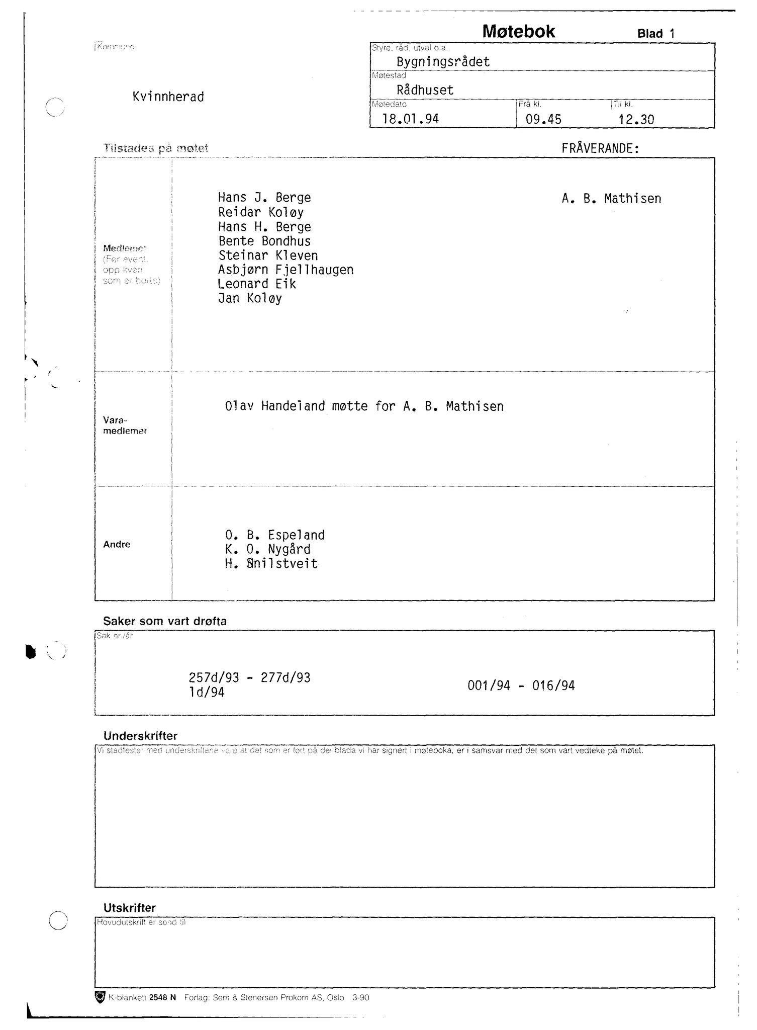 Kvinnherad kommune. Bygningsrådet , IKAH/1224-511/A/Aa/L0087: Møtebok for Kvinnherad bygningsråd, 1994