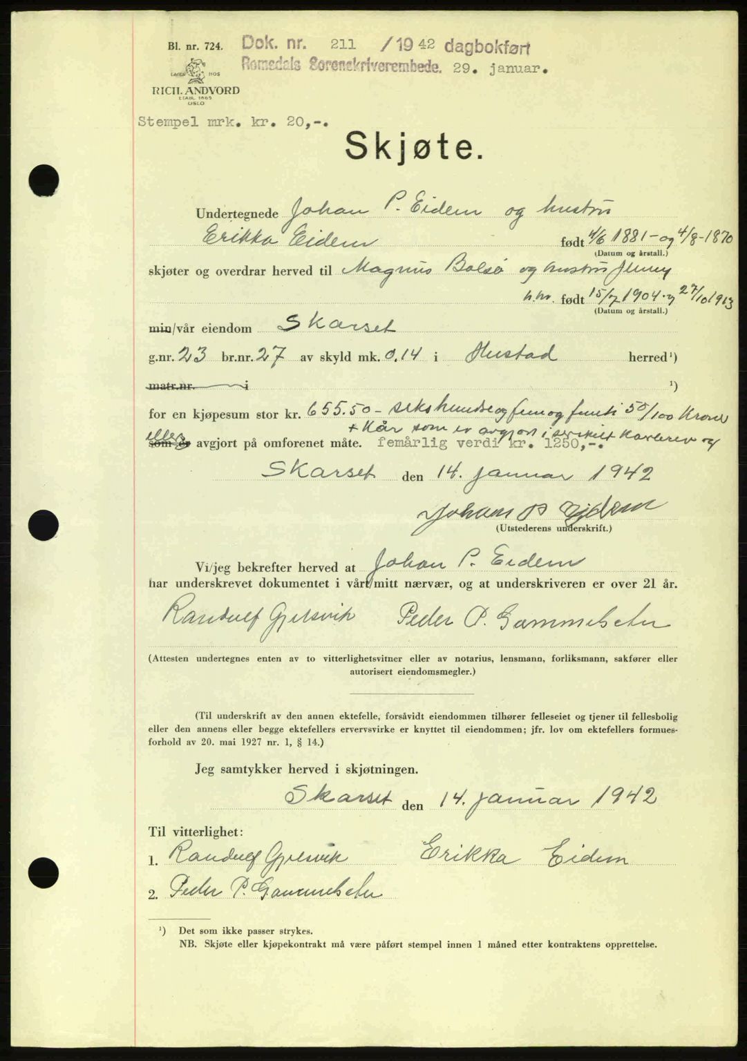 Romsdal sorenskriveri, AV/SAT-A-4149/1/2/2C: Mortgage book no. A11, 1941-1942, Diary no: : 211/1942