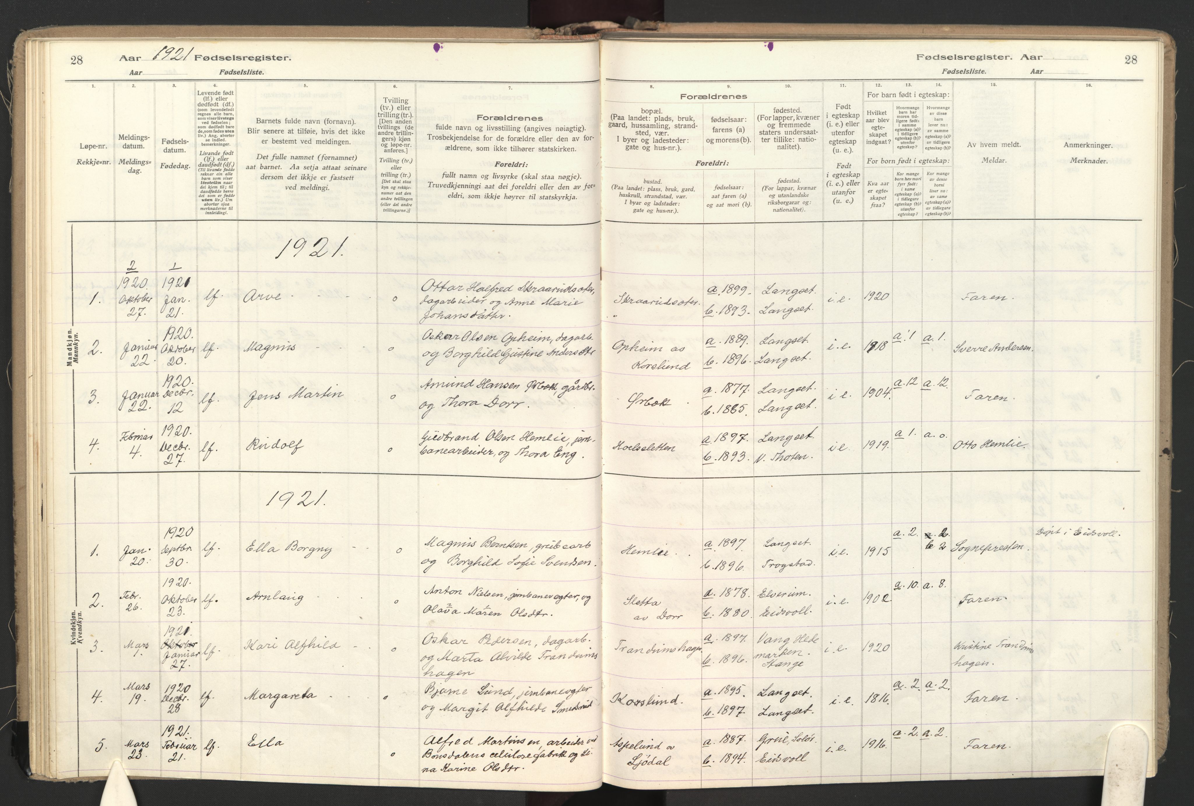 Eidsvoll prestekontor Kirkebøker, SAO/A-10888: Birth register no. II 1, 1916-1959, p. 28