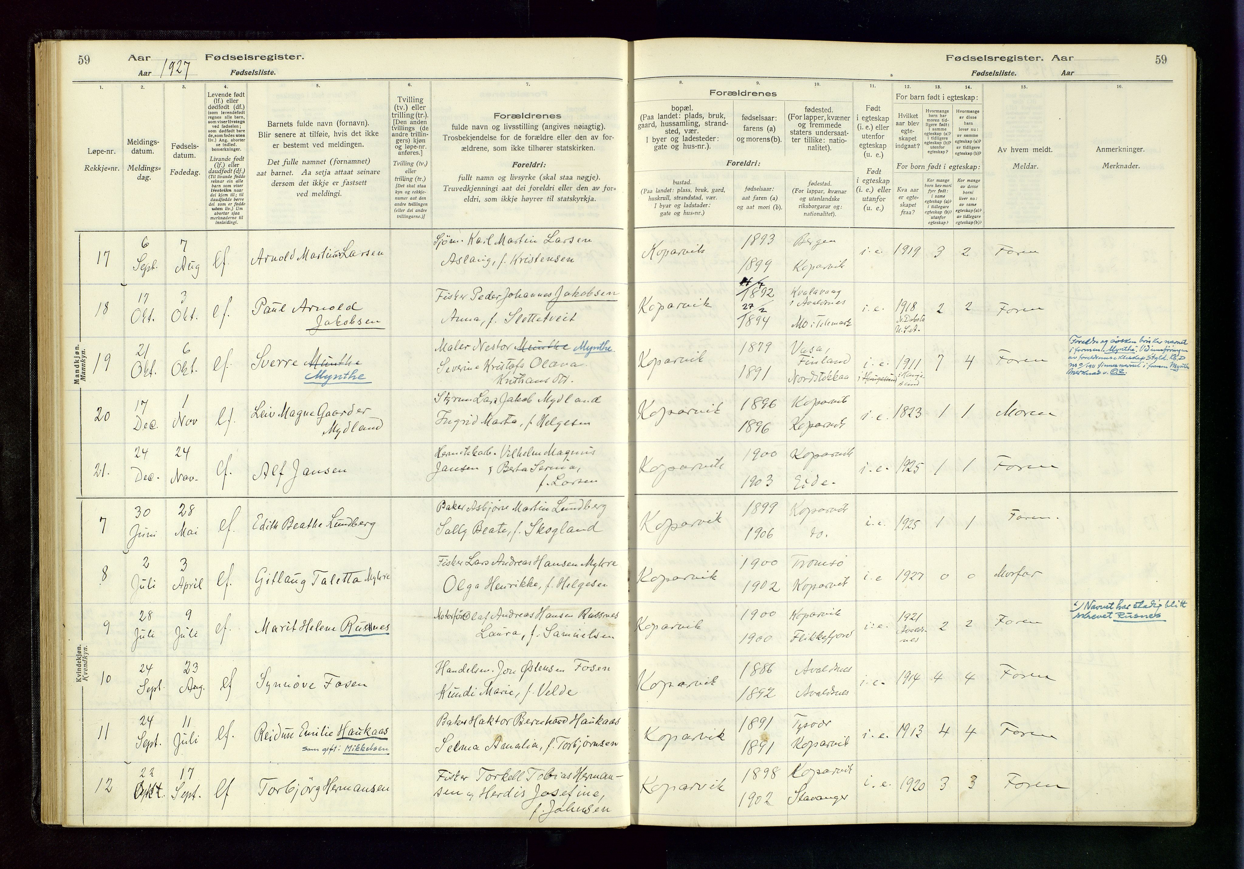 Kopervik sokneprestkontor, AV/SAST-A-101850/I/Id/L0001: Birth register no. 1, 1916-1952, p. 59