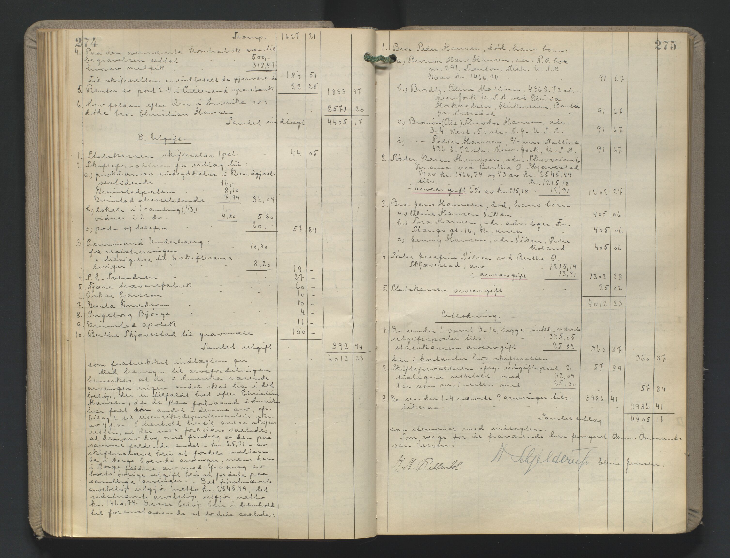 Vestre Nedenes/Sand sorenskriveri, AV/SAK-1221-0010/H/Hc/L0022: Skifteutlodningsprotokoll nr. 9, 1919-1932, p. 274-275