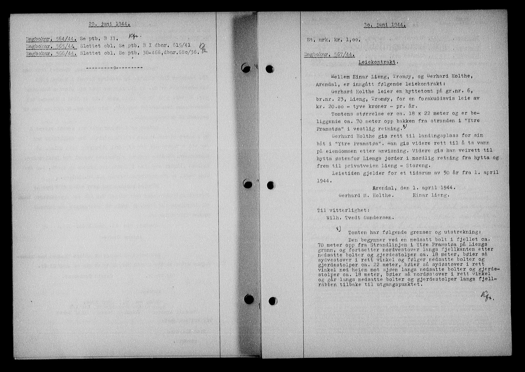 Nedenes sorenskriveri, SAK/1221-0006/G/Gb/Gba/L0051: Mortgage book no. A-V, 1943-1944, Diary no: : 567/1944