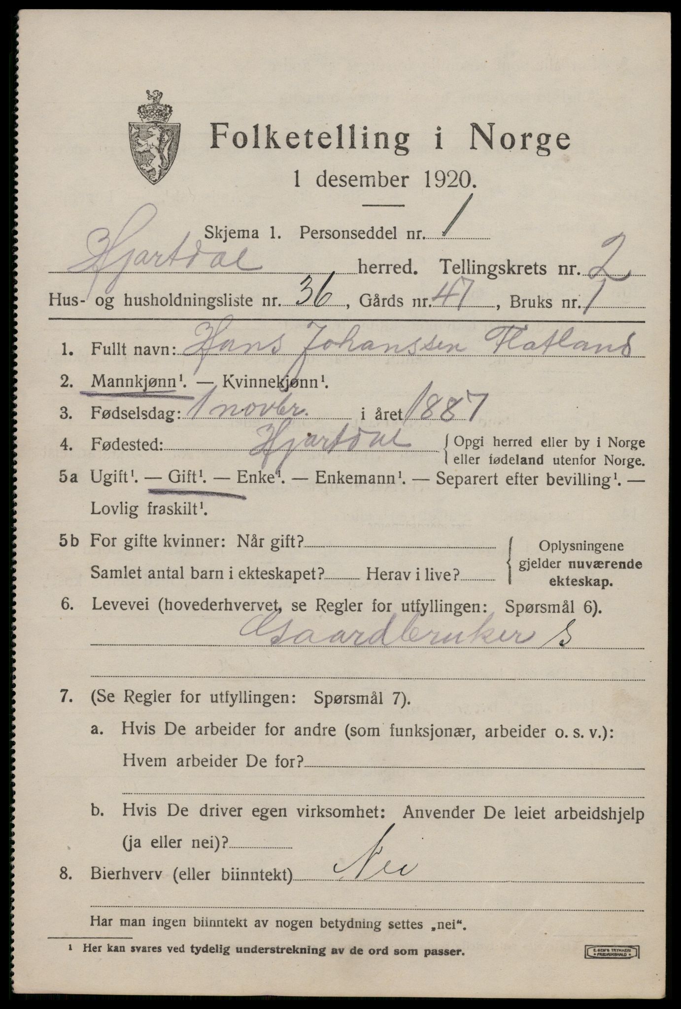 SAKO, 1920 census for Hjartdal, 1920, p. 2198