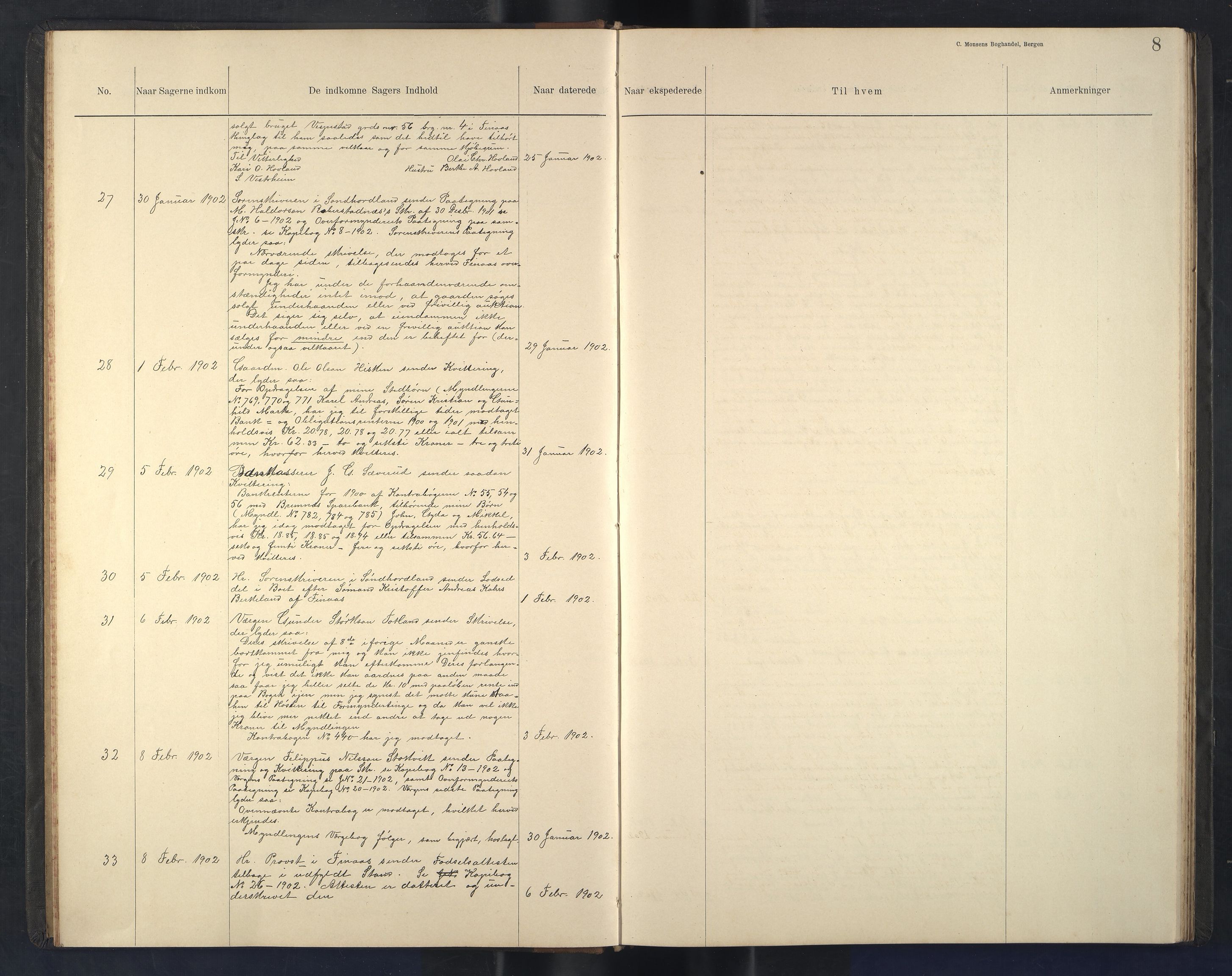 Finnaas kommune. Overformynderiet, IKAH/1218a-812/C/Ca/Caa/L0004: Postjournal for Finnås overformynderi, 1902-1907