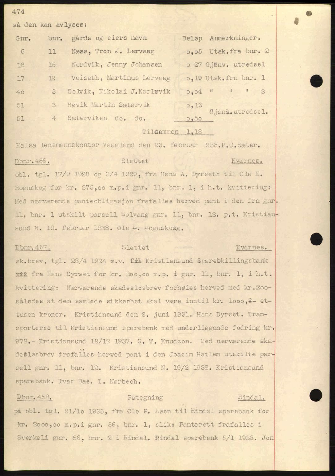 Nordmøre sorenskriveri, AV/SAT-A-4132/1/2/2Ca: Mortgage book no. C80, 1936-1939, Diary no: : 456/1938