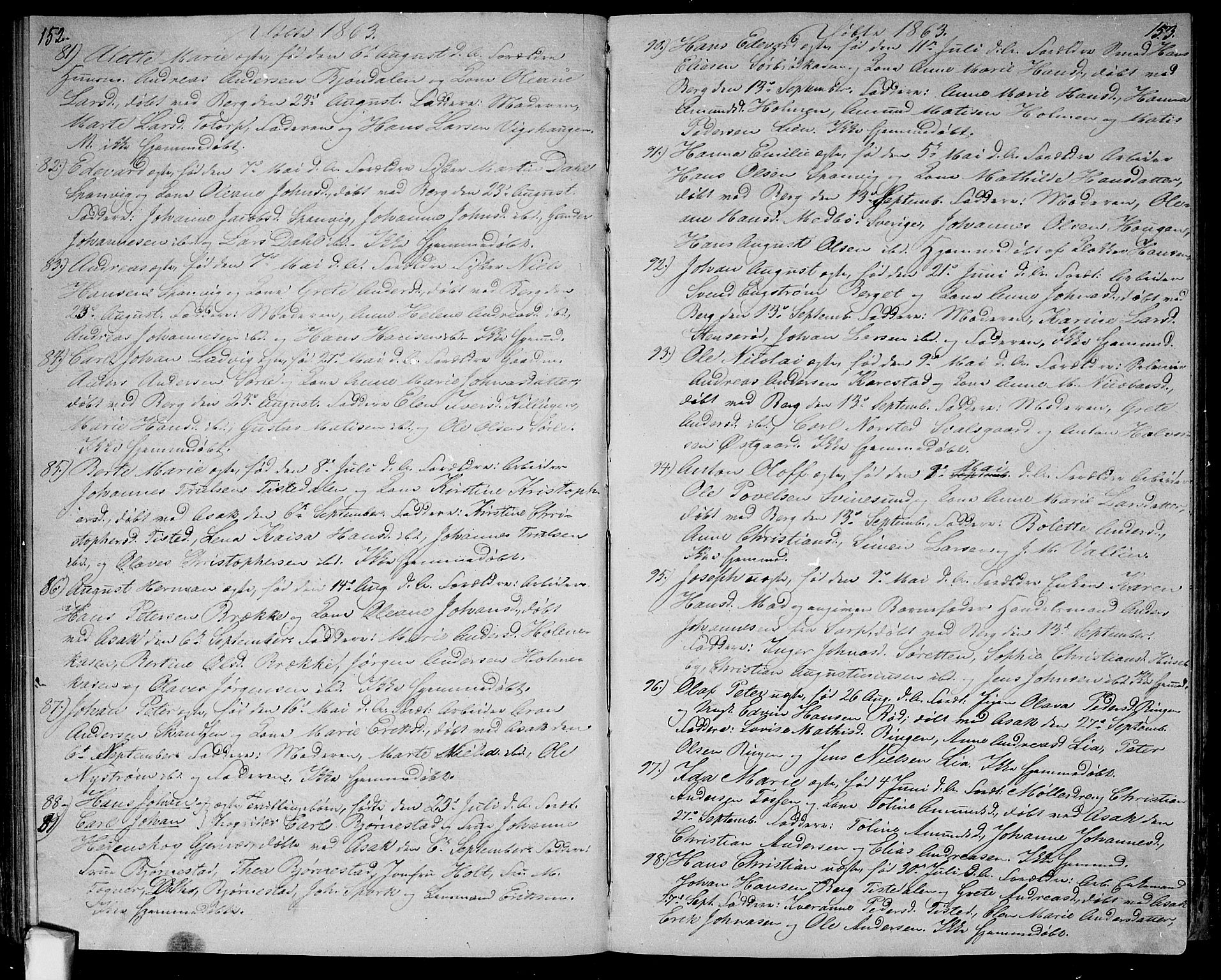 Berg prestekontor Kirkebøker, AV/SAO-A-10902/G/Ga/L0003: Parish register (copy) no.  I 3, 1850-1866, p. 152-153