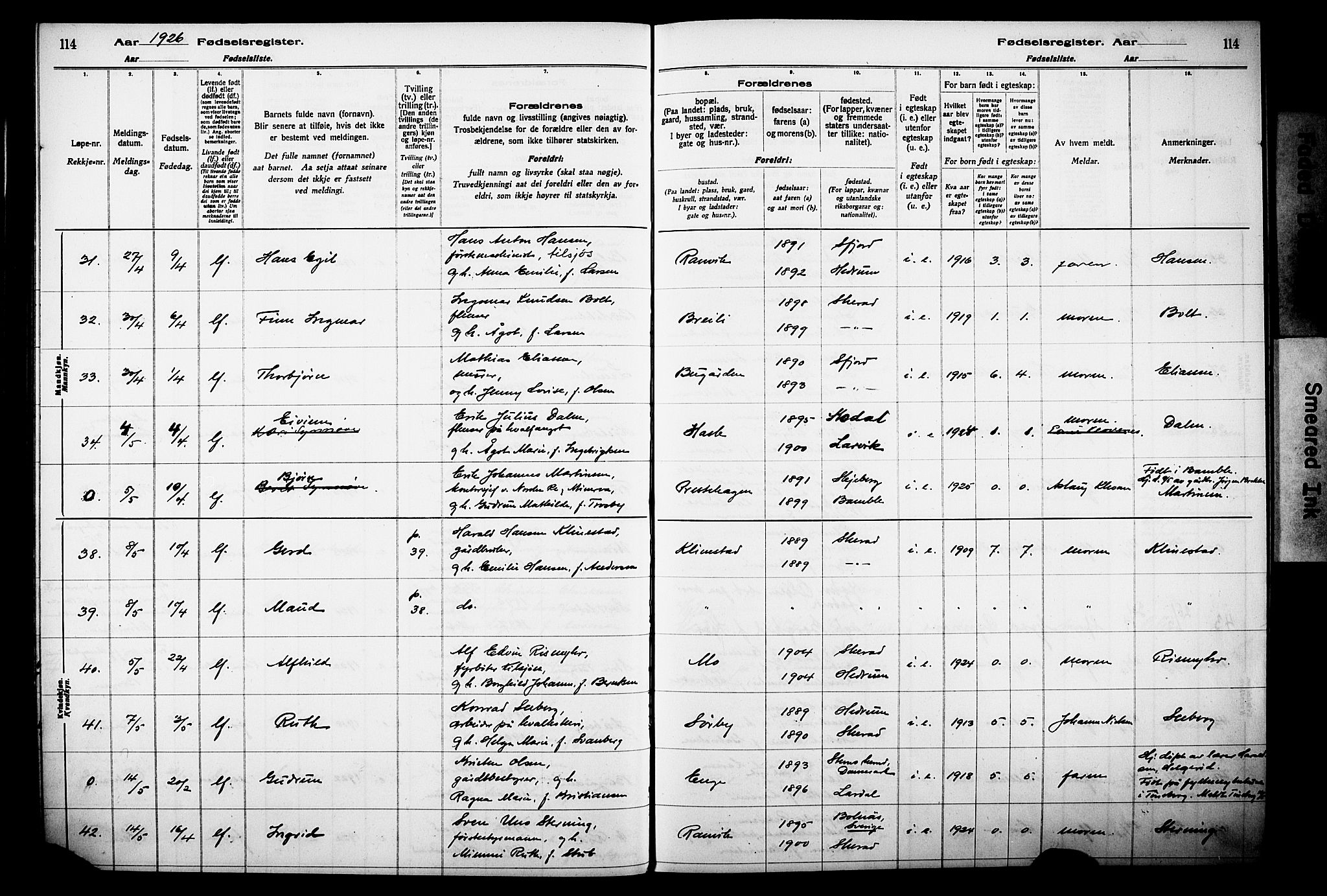 Sandar kirkebøker, AV/SAKO-A-243/J/Ja/L0002: Birth register no. 2, 1922-1929, p. 114