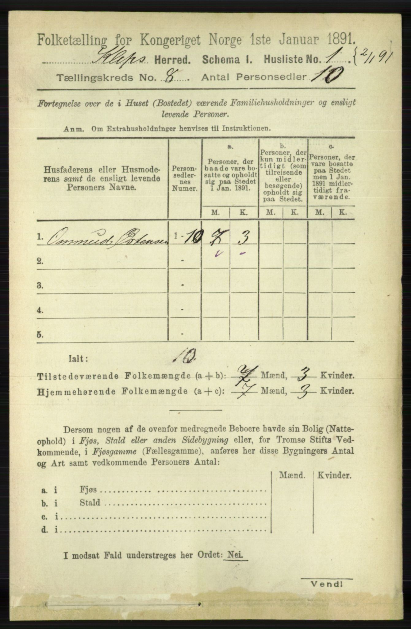 RA, 1891 census for 1120 Klepp, 1891, p. 2475
