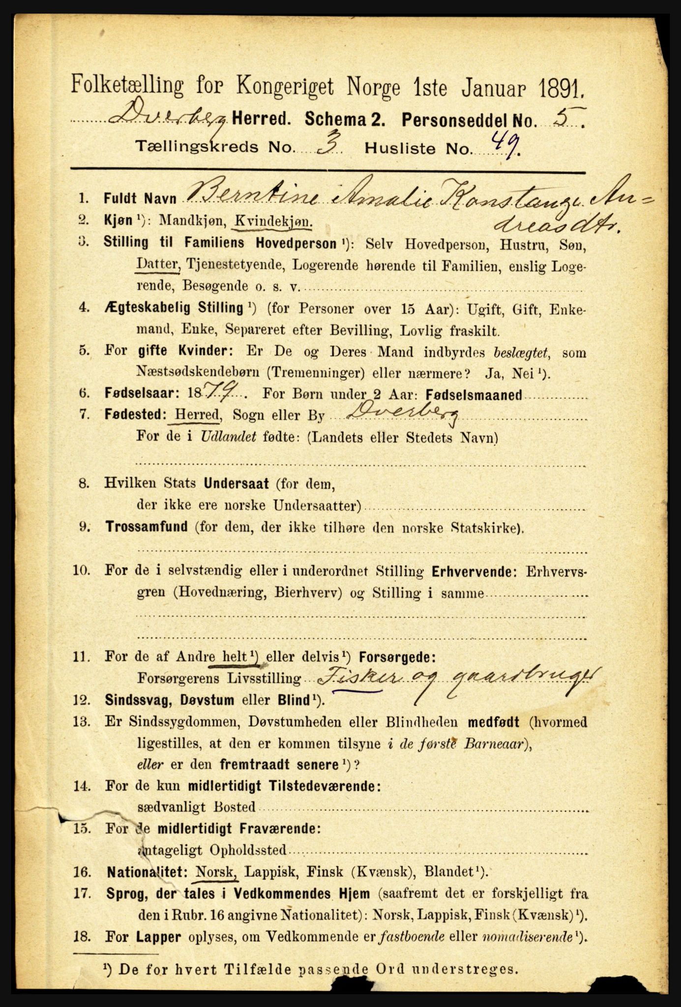 RA, 1891 census for 1872 Dverberg, 1891, p. 1237