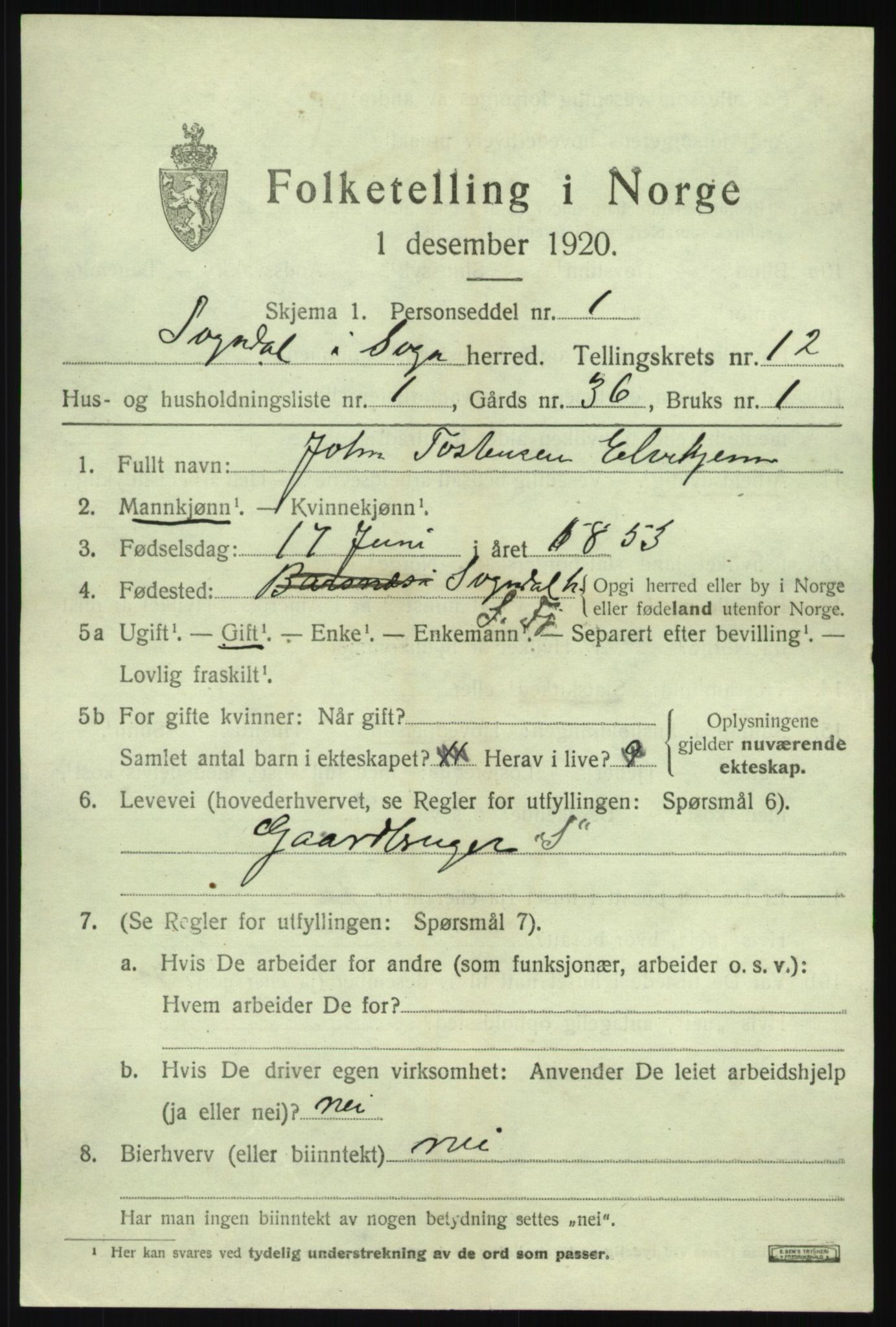SAB, 1920 census for Sogndal, 1920, p. 5169