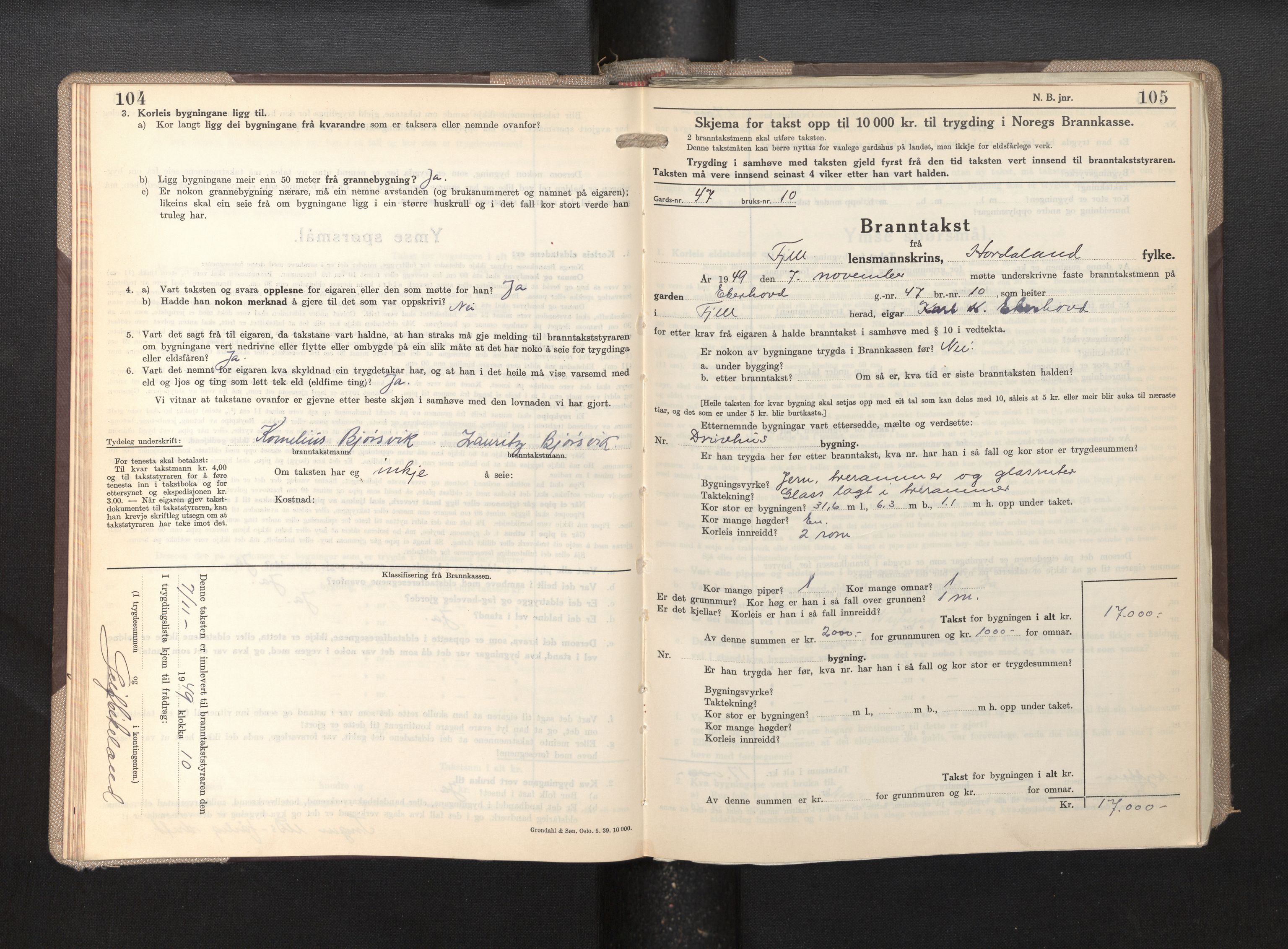 Lensmannen i Fjell, AV/SAB-A-32301/0012/L0007: Branntakstprotokoll, skjematakst, 1946-1955, p. 104-105